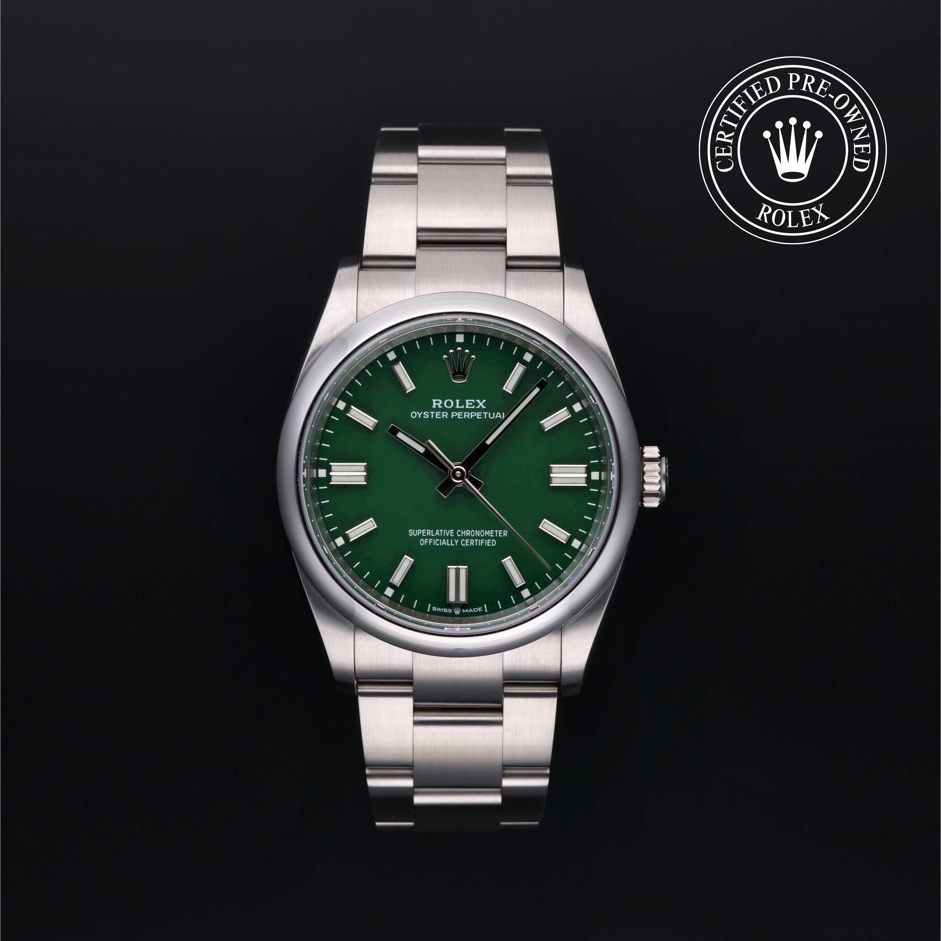 Rolex Certified Pre-owned Oyster Perpetual M126000-0005 front on black background