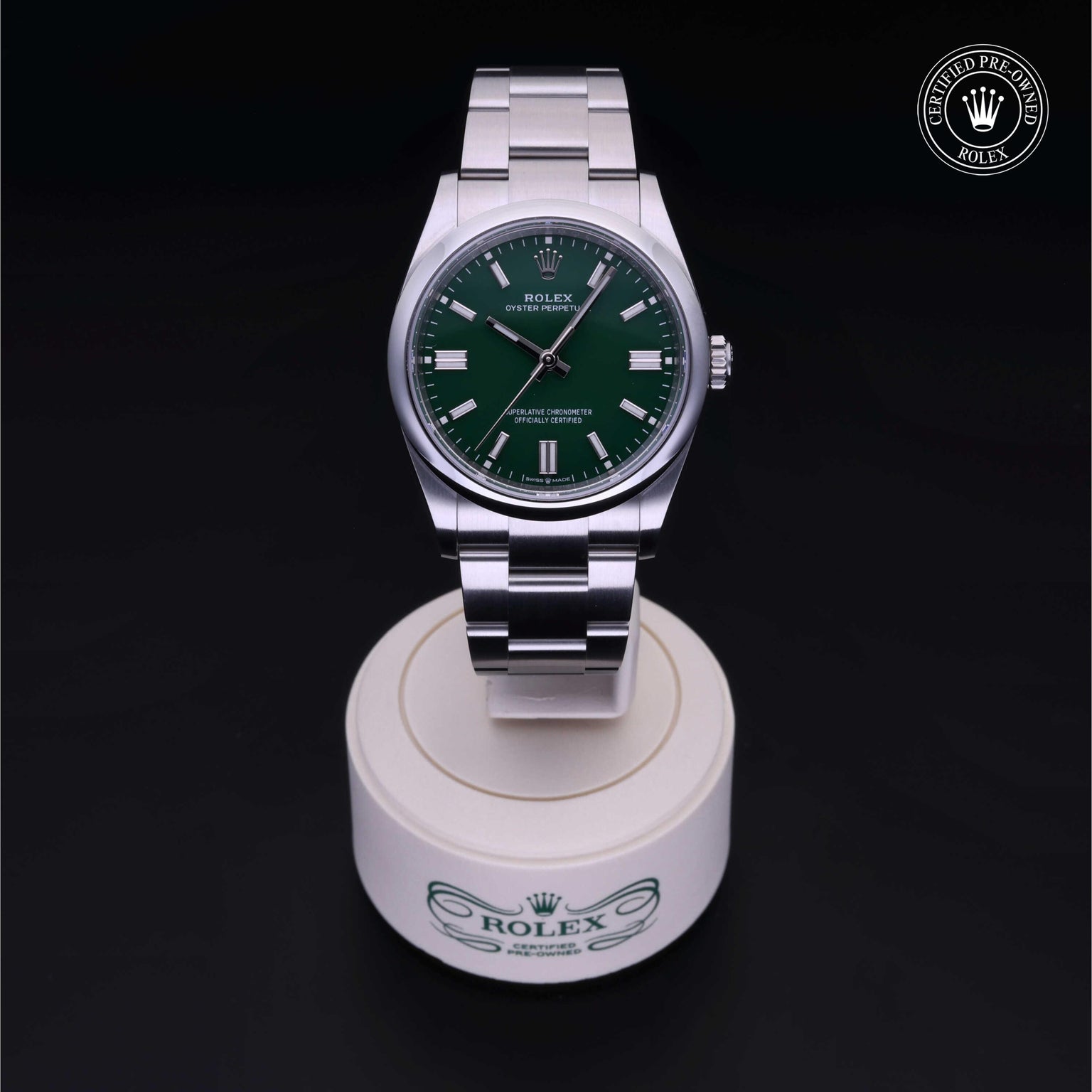 Rolex Certified Pre-owned Oyster Perpetual M126000-0005 front on black background
