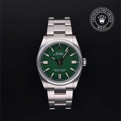 Rolex Certified Pre-owned Oyster Perpetual M126000-0005 front on black background