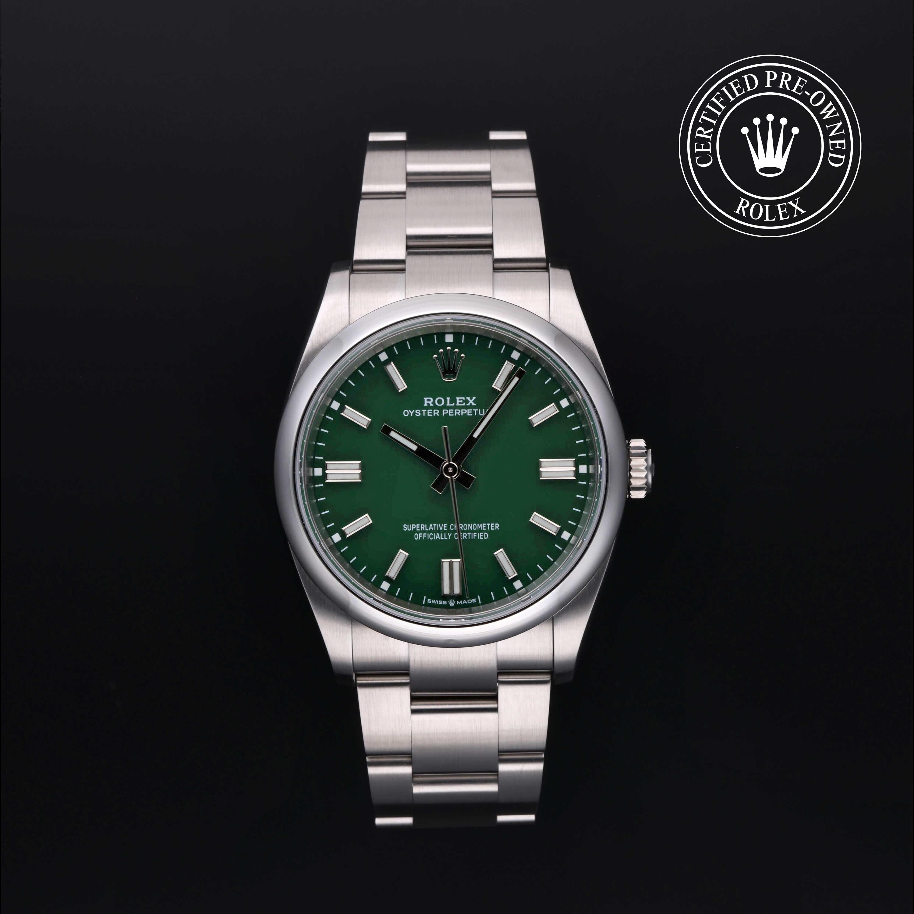 Rolex Certified Pre-owned Oyster Perpetual M126000-0005 front on black background