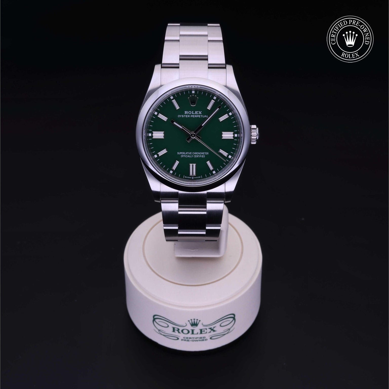 Rolex Certified Pre-owned Oyster Perpetual M126000-0005 front on black background