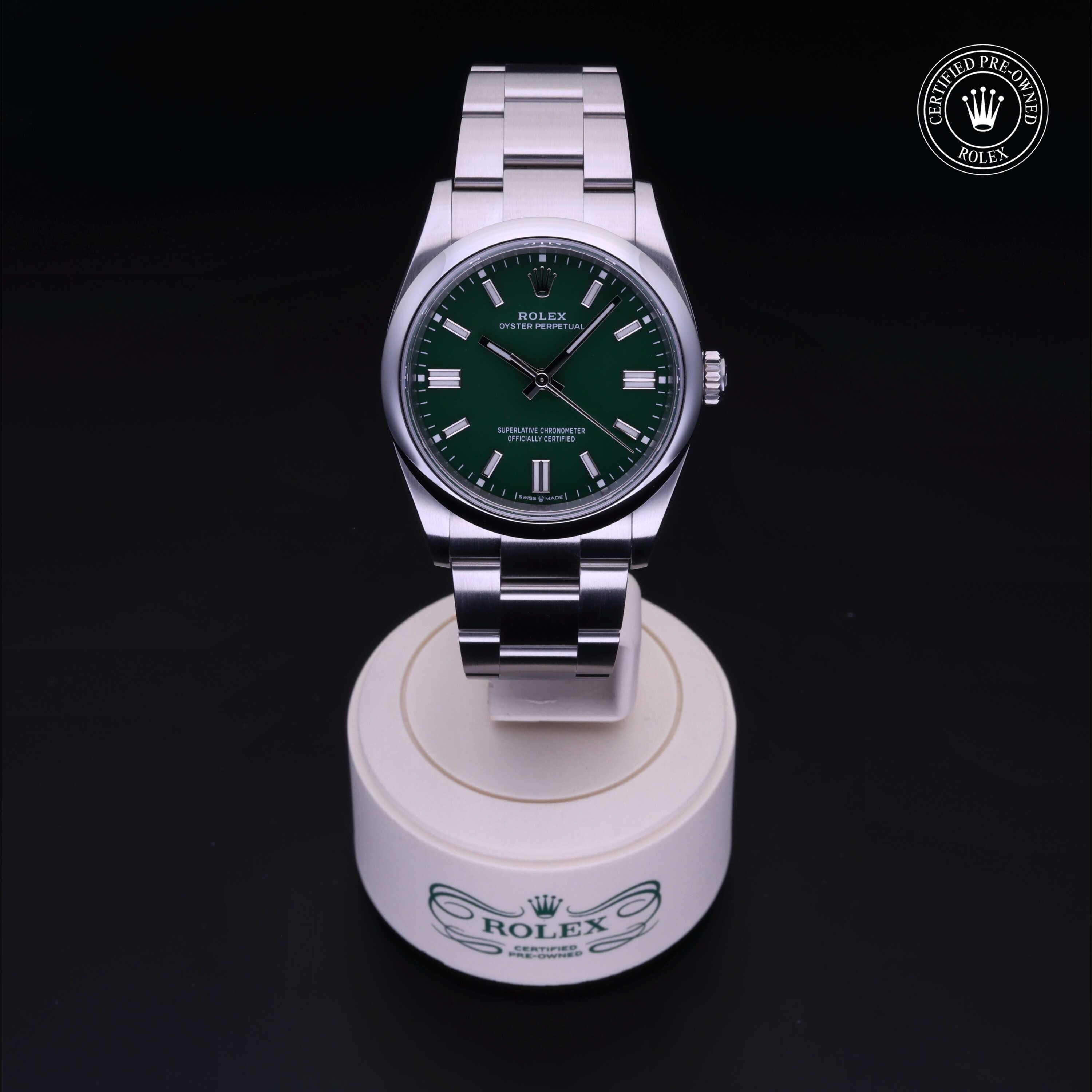 Rolex Certified Pre-owned Oyster Perpetual M126000-0005 front on black background