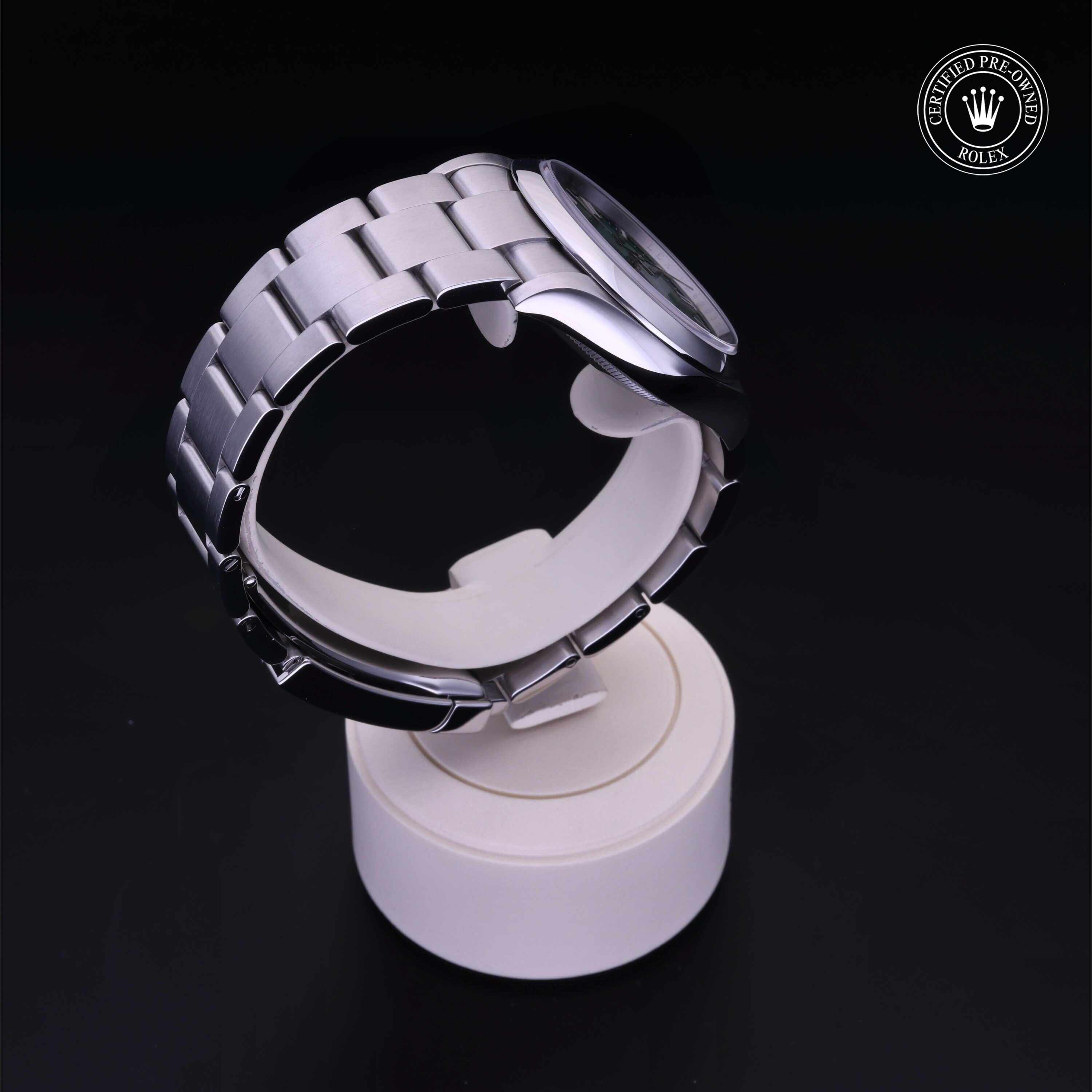 Rolex Certified Pre-owned Oyster Perpetual M126000-0005 front on black background
