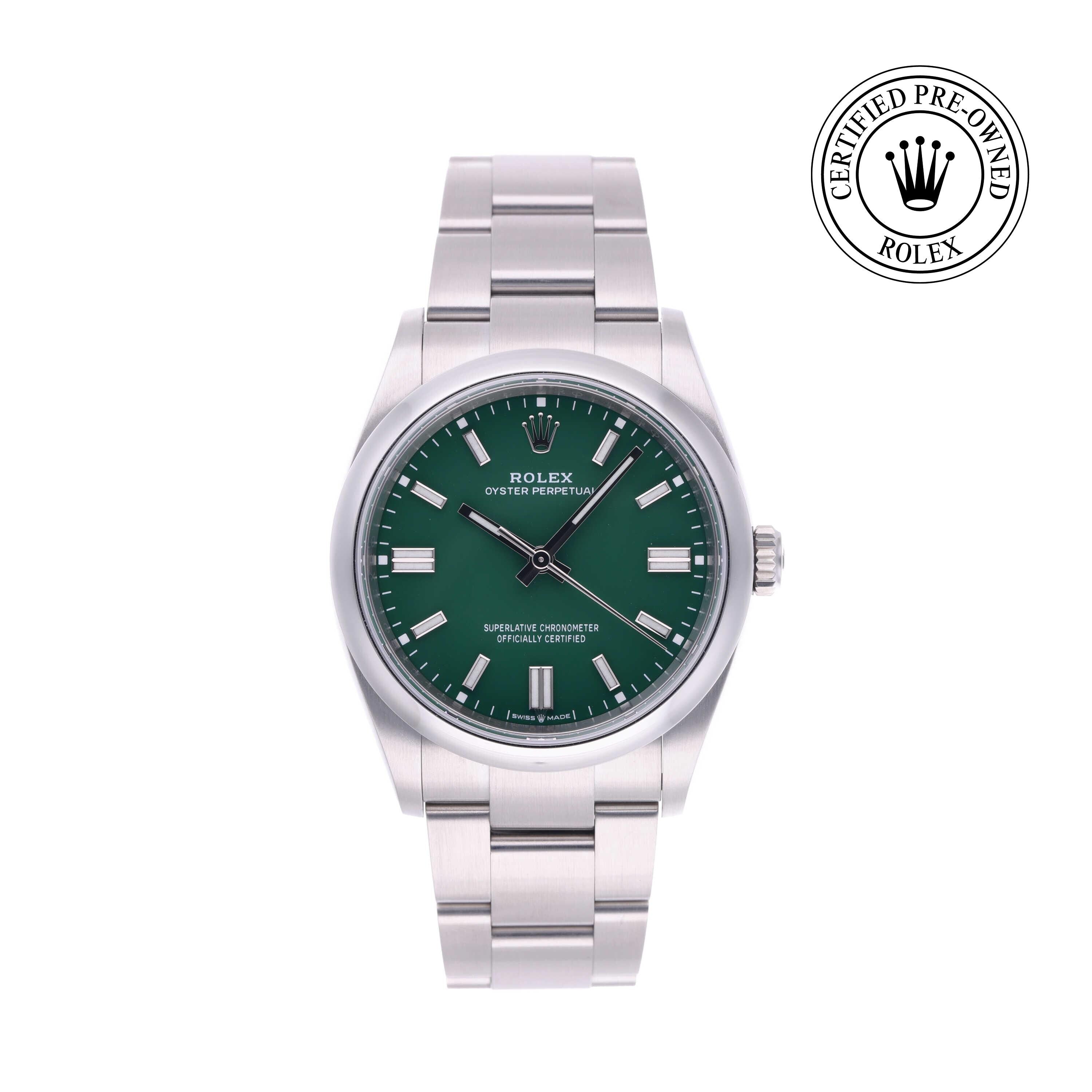 Rolex Certified Pre-owned Oyster Perpetual M126000-0005 front on white background