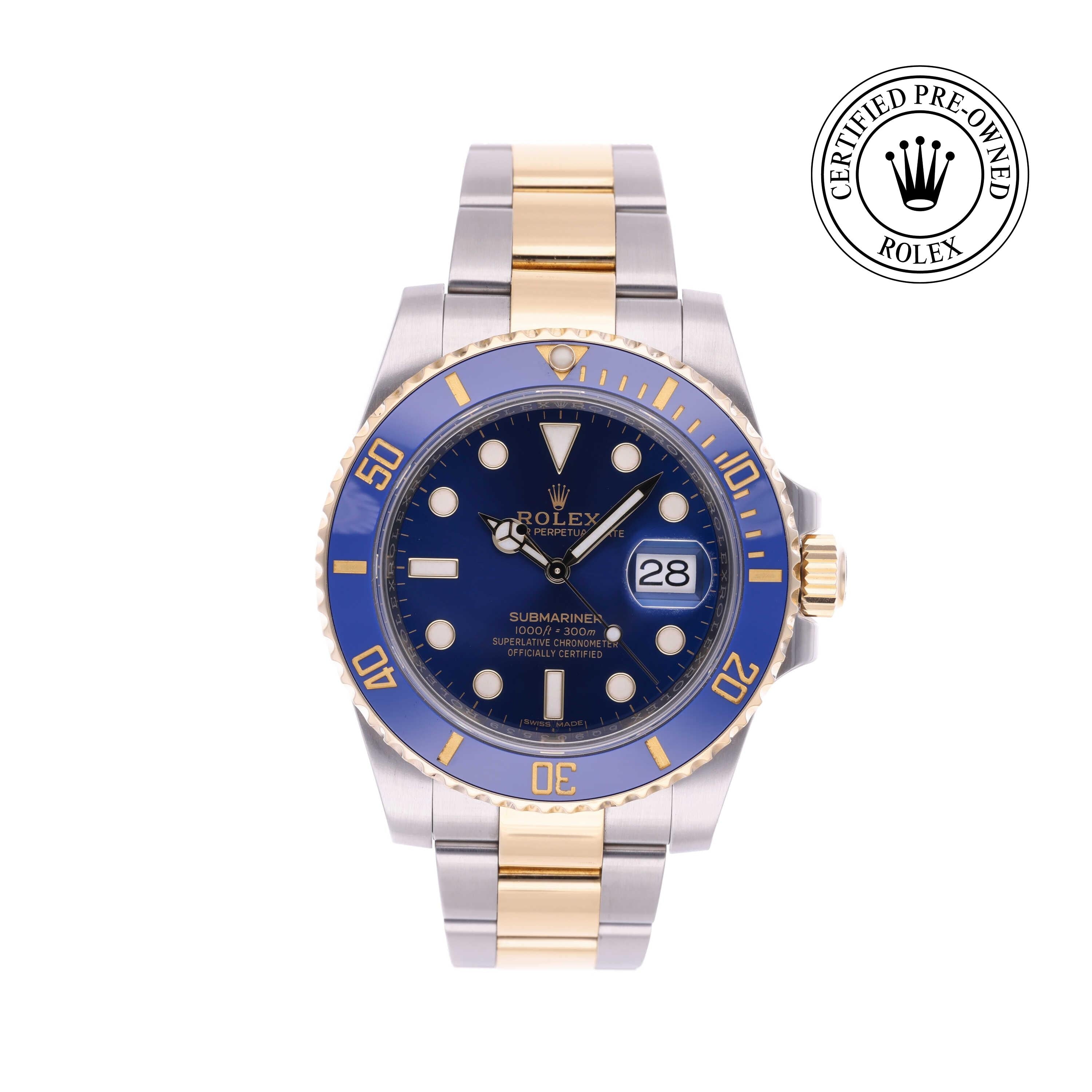 Rolex Certified Pre-owned Submariner M116613LB-0005 front on white background