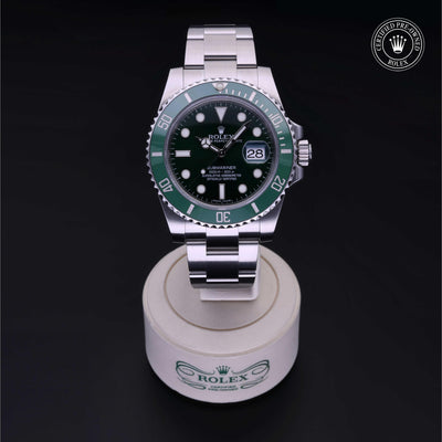 Rolex Certified Pre-owned Submariner M116610LV-0002 front on black background