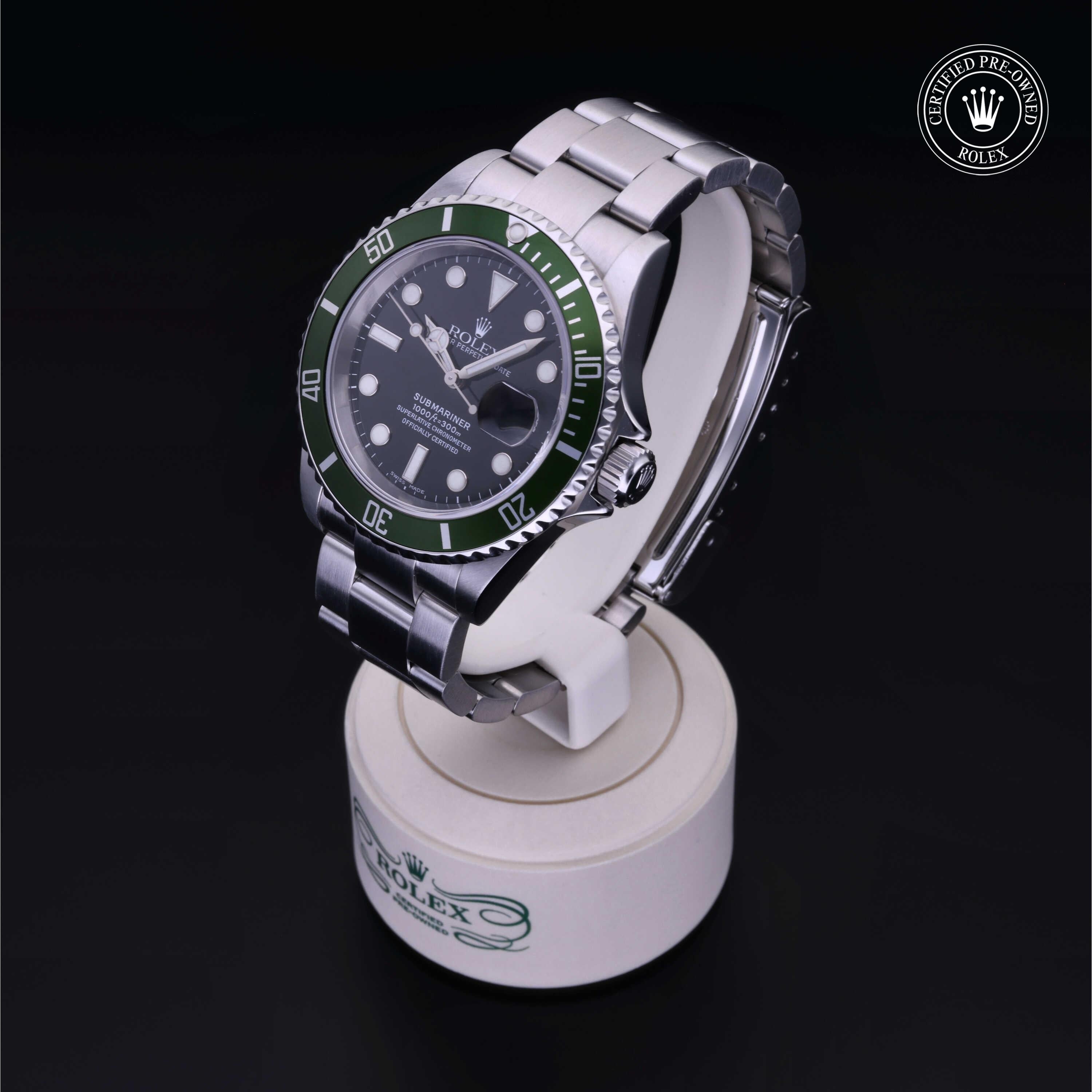 Rolex Certified Pre-owned Submariner M16610LV-0002 front on black background