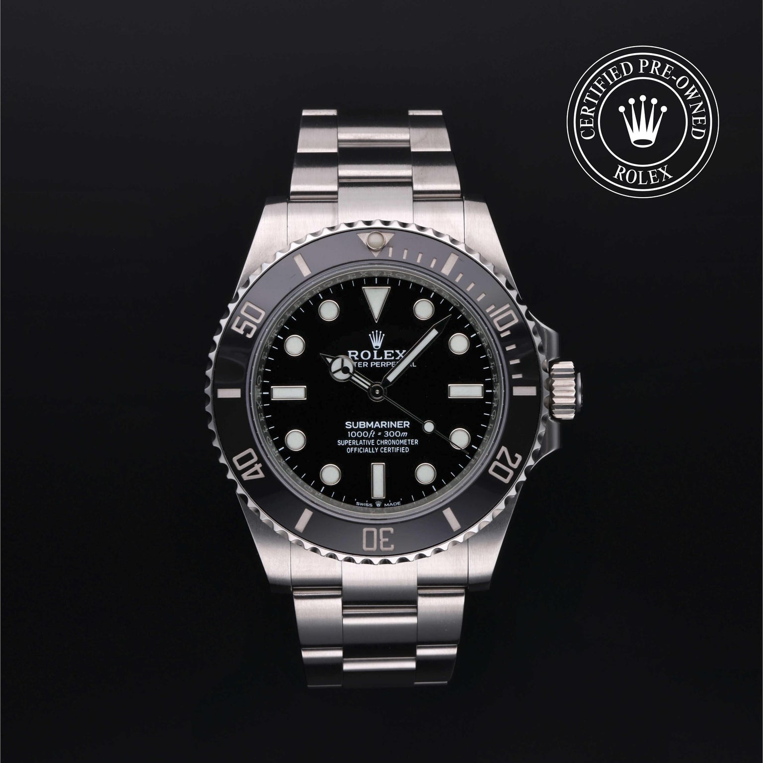 Rolex Certified Pre-owned Submariner M124060-0001 front on black background
