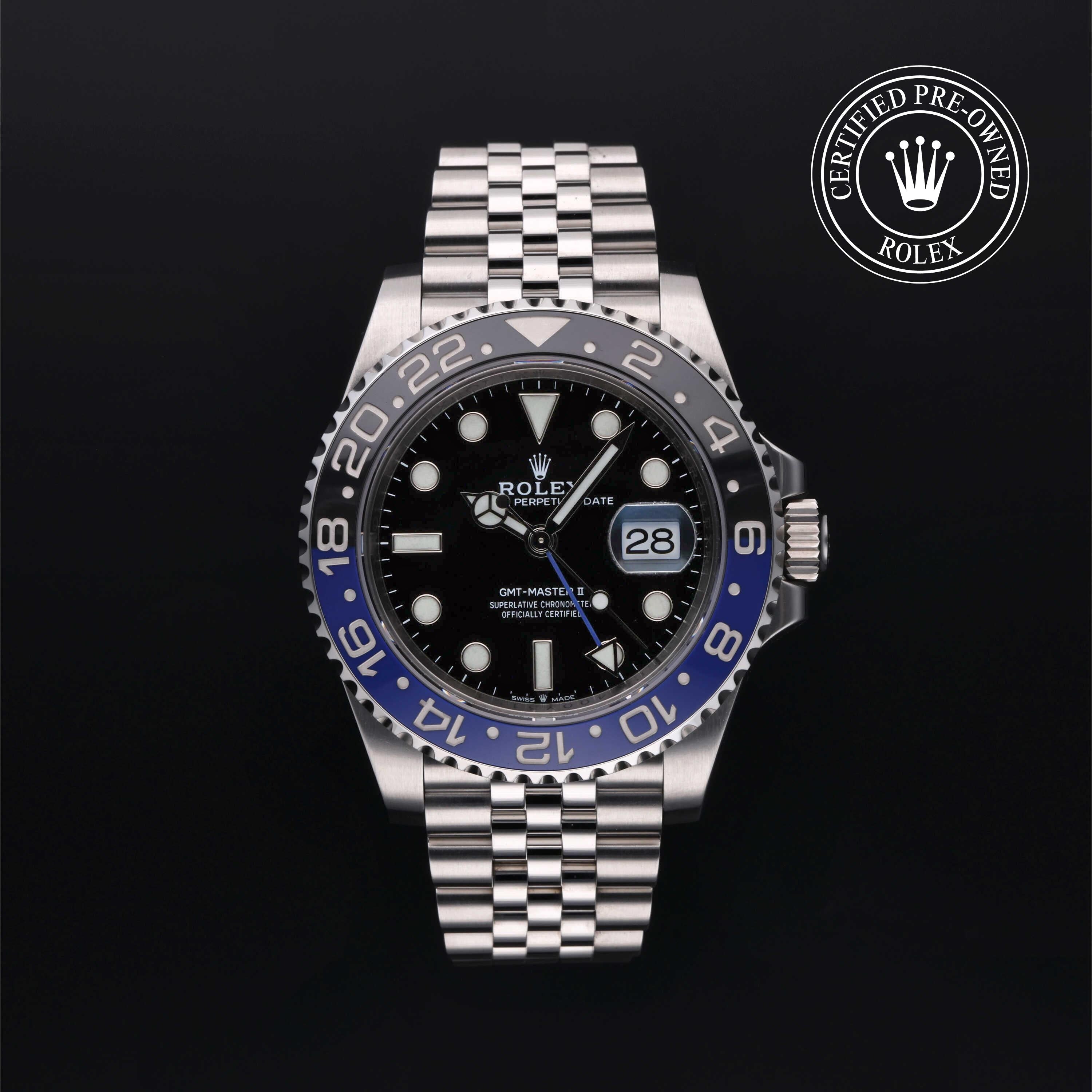 Rolex Certified Pre-owned GMT M126710BLNR-0002 front on black background