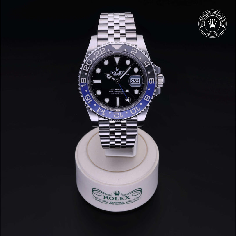 Rolex Certified Pre-owned GMT M126710BLNR-0002 front on black background