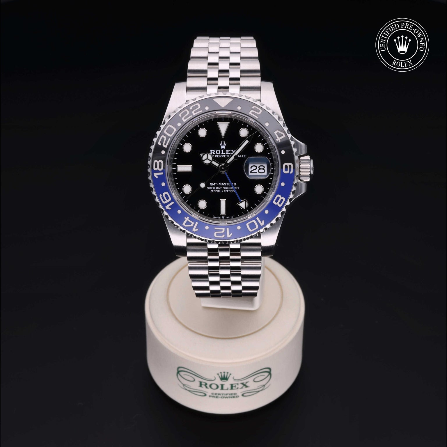 Rolex Certified Pre-owned GMT M126710BLNR-0002 front on black background