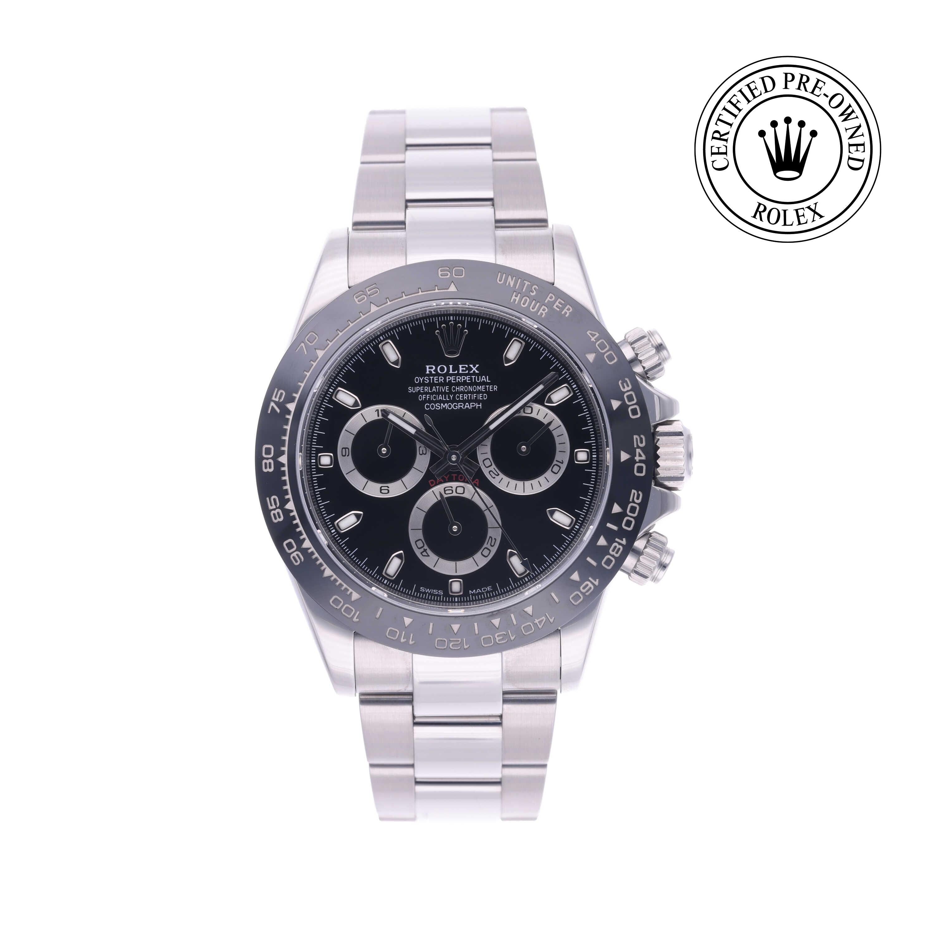Rolex Certified Pre-owned Daytona M116500LN-0002 front on white background
