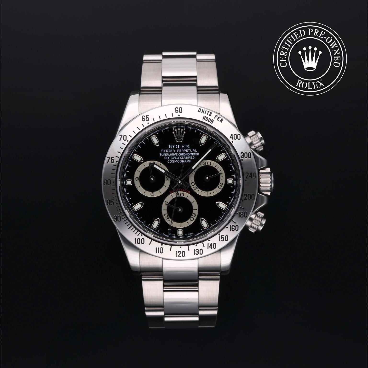 Rolex Certified Pre-owned Daytona M116520-0011 front on black background