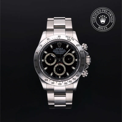 Rolex Certified Pre-owned Daytona M116520-0011 front on black background