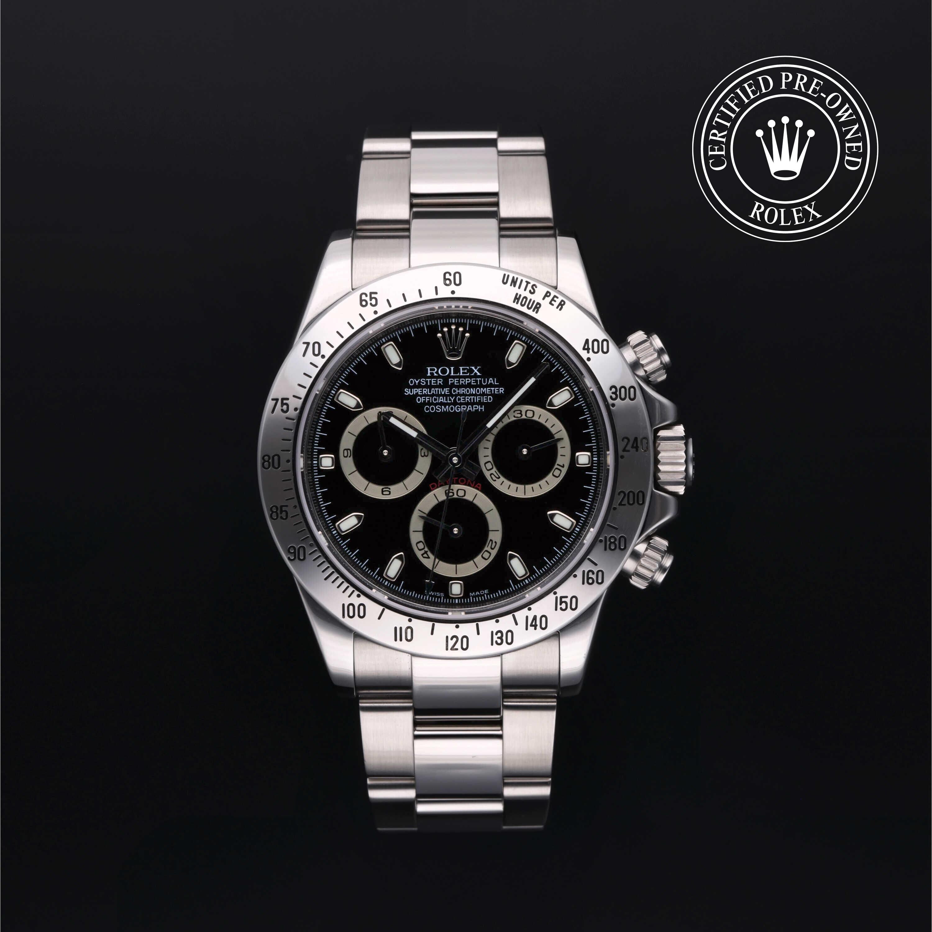 Rolex Certified Pre-owned Daytona M116520-0011 front on black background
