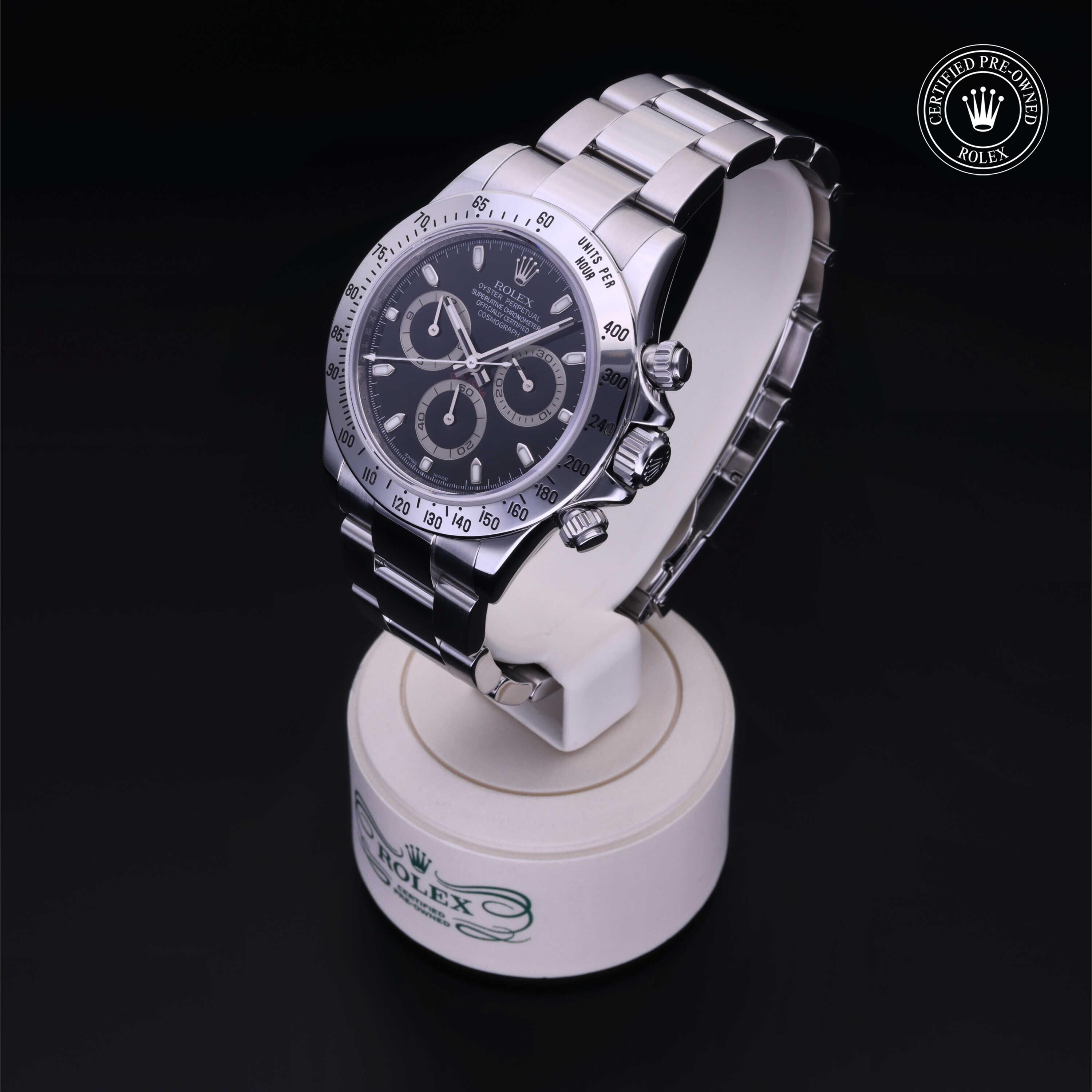 Rolex Certified Pre-owned Daytona M116520-0011 front on black background