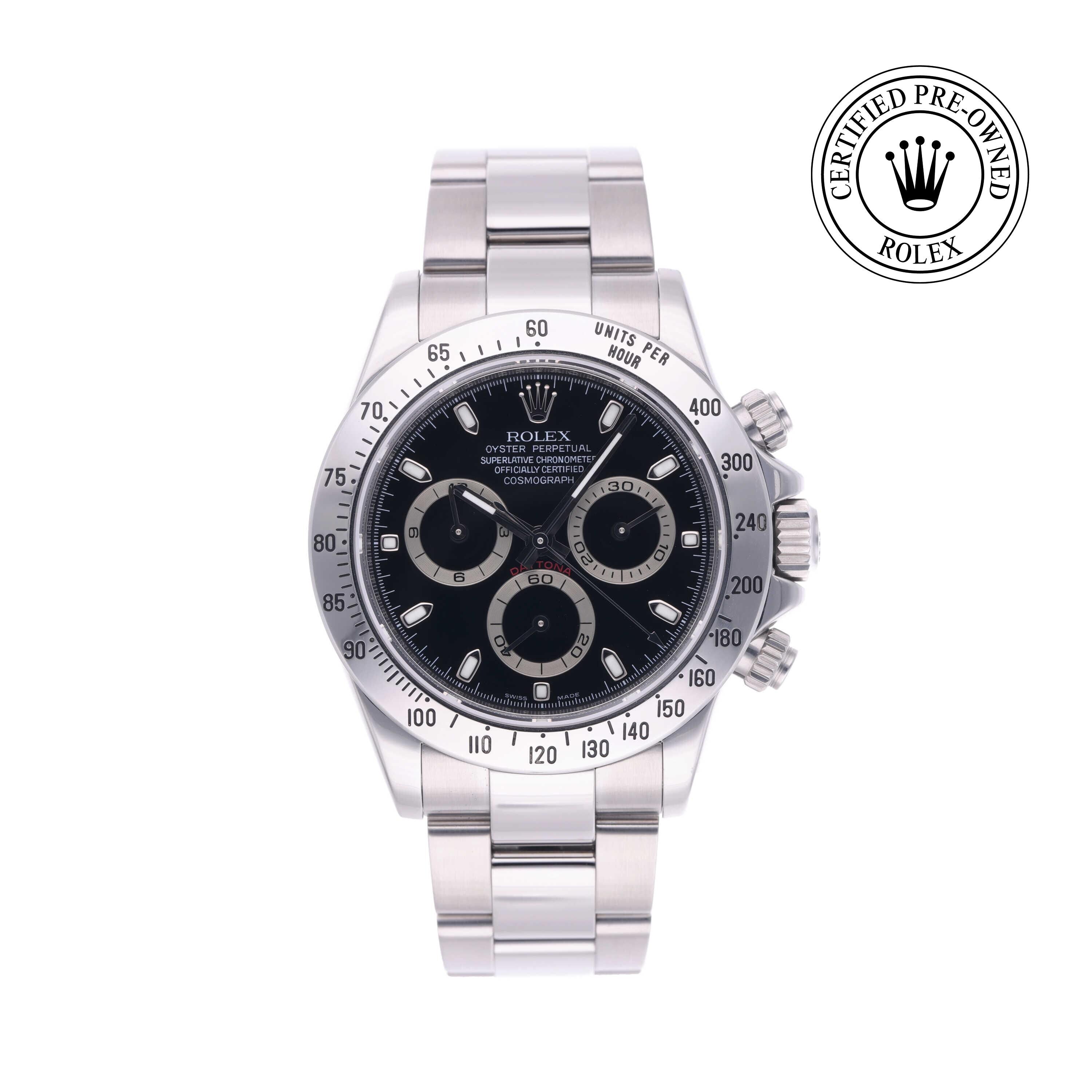 Rolex Certified Pre-owned Daytona M116520-0011 front on white background