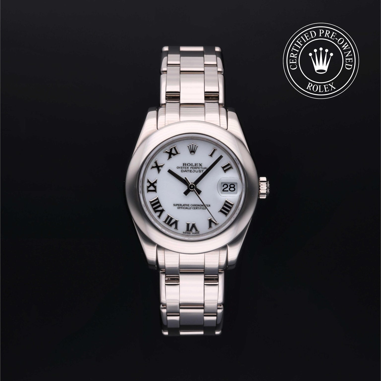 Rolex Certified Pre-owned Pearlmaster M81209-0044 front on black background