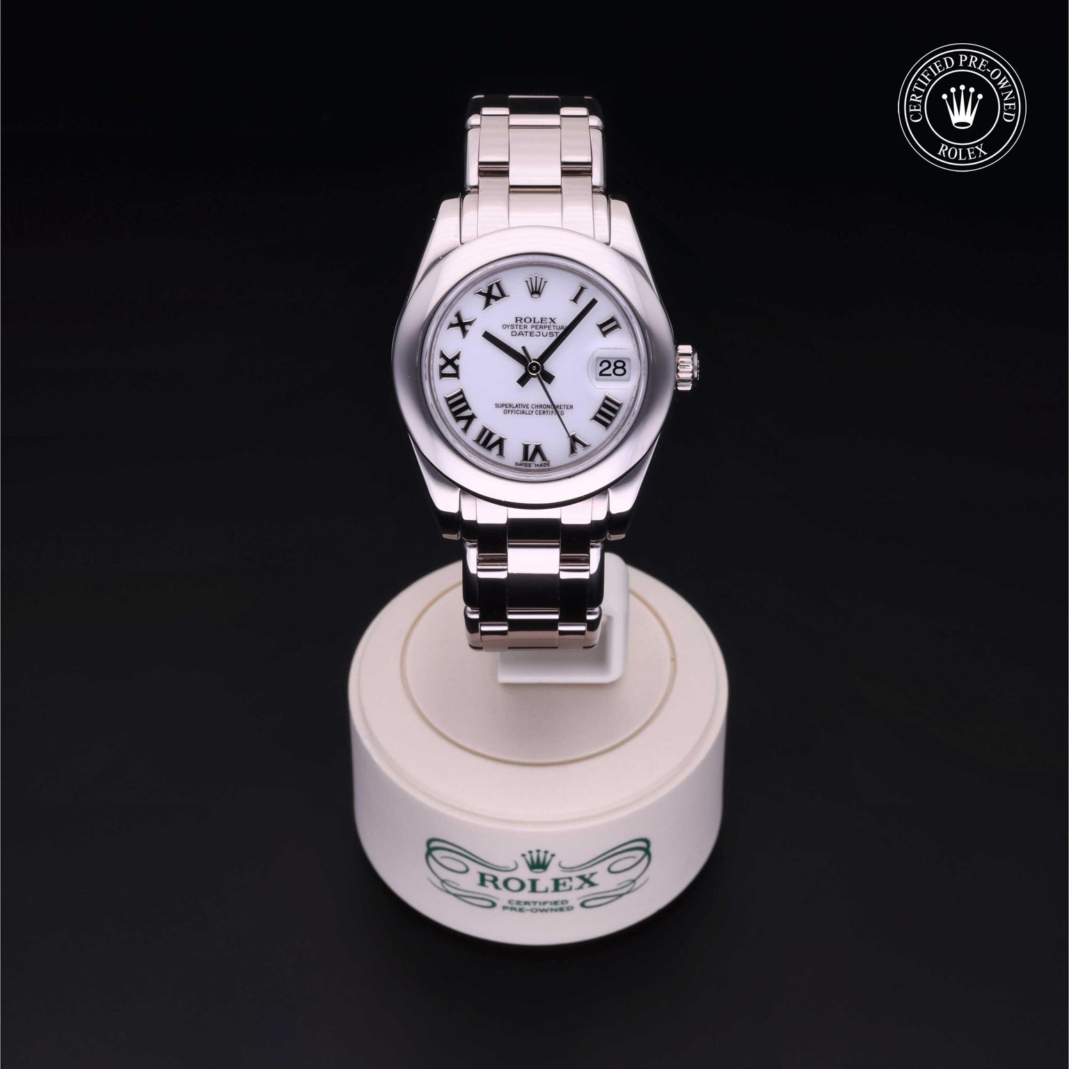 Rolex Certified Pre-owned Pearlmaster M81209-0044 front on black background