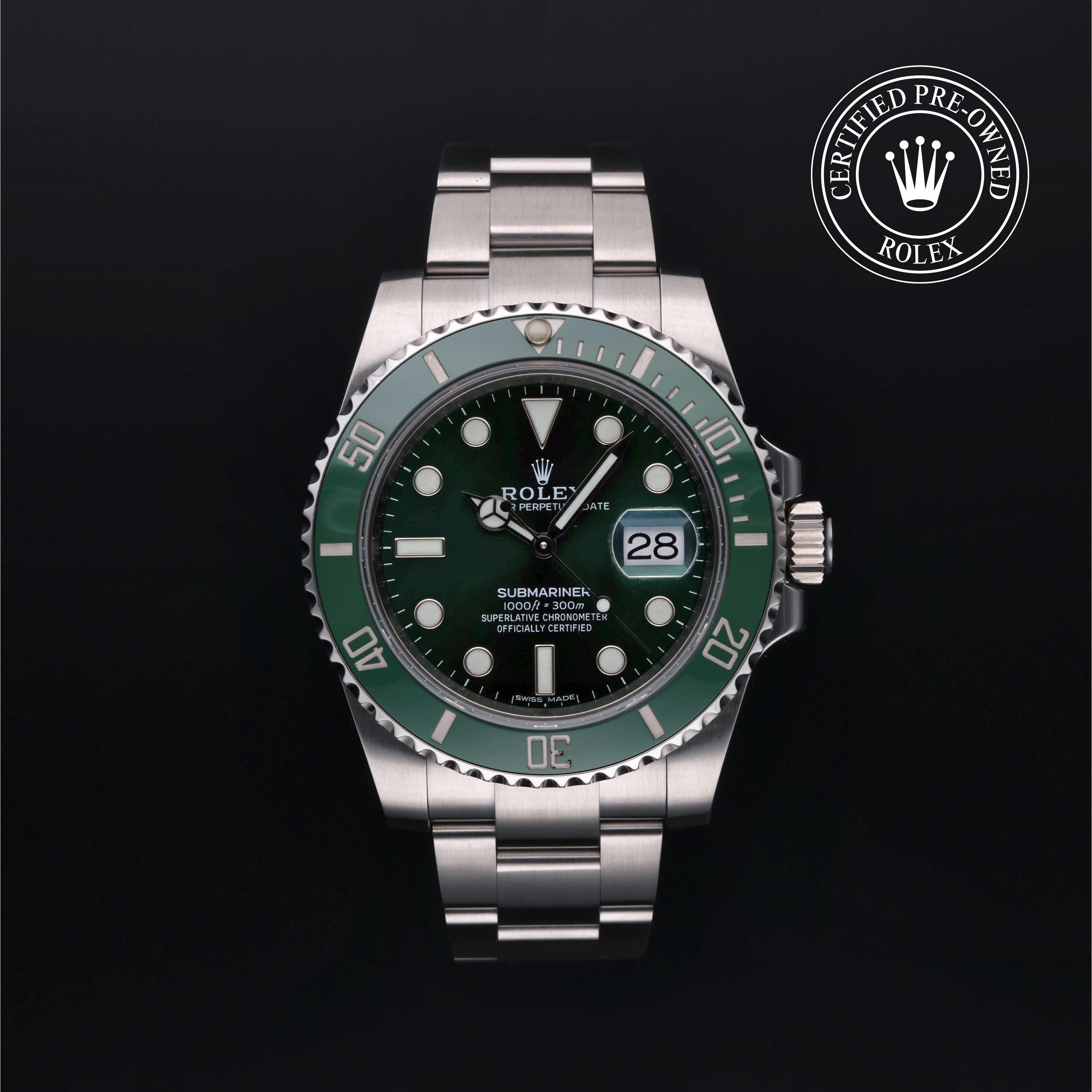 Rolex Certified Pre-owned Submariner M116610LV-0002 front on black background