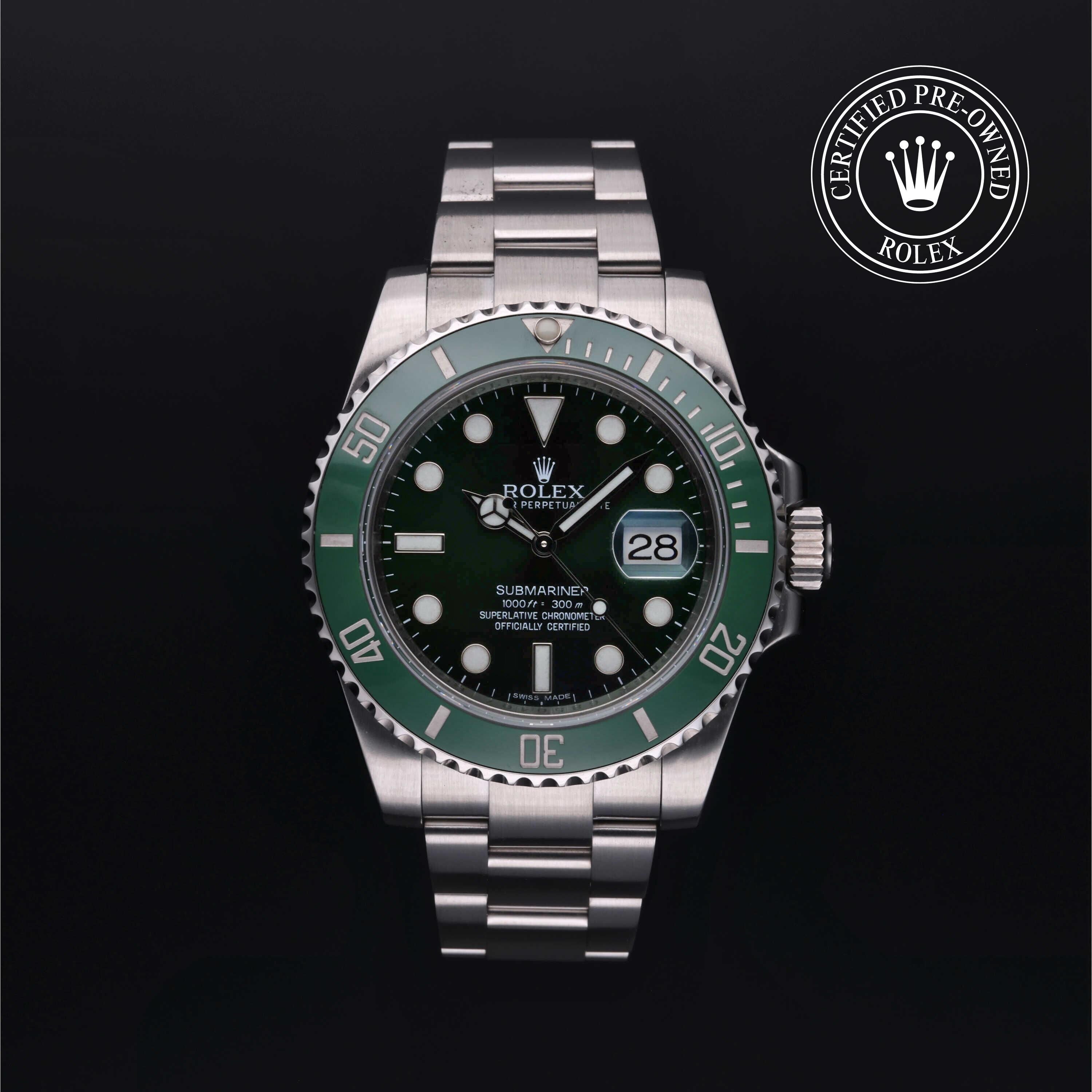 Rolex Certified Pre-owned Submariner M116610LV-0002 front on black background