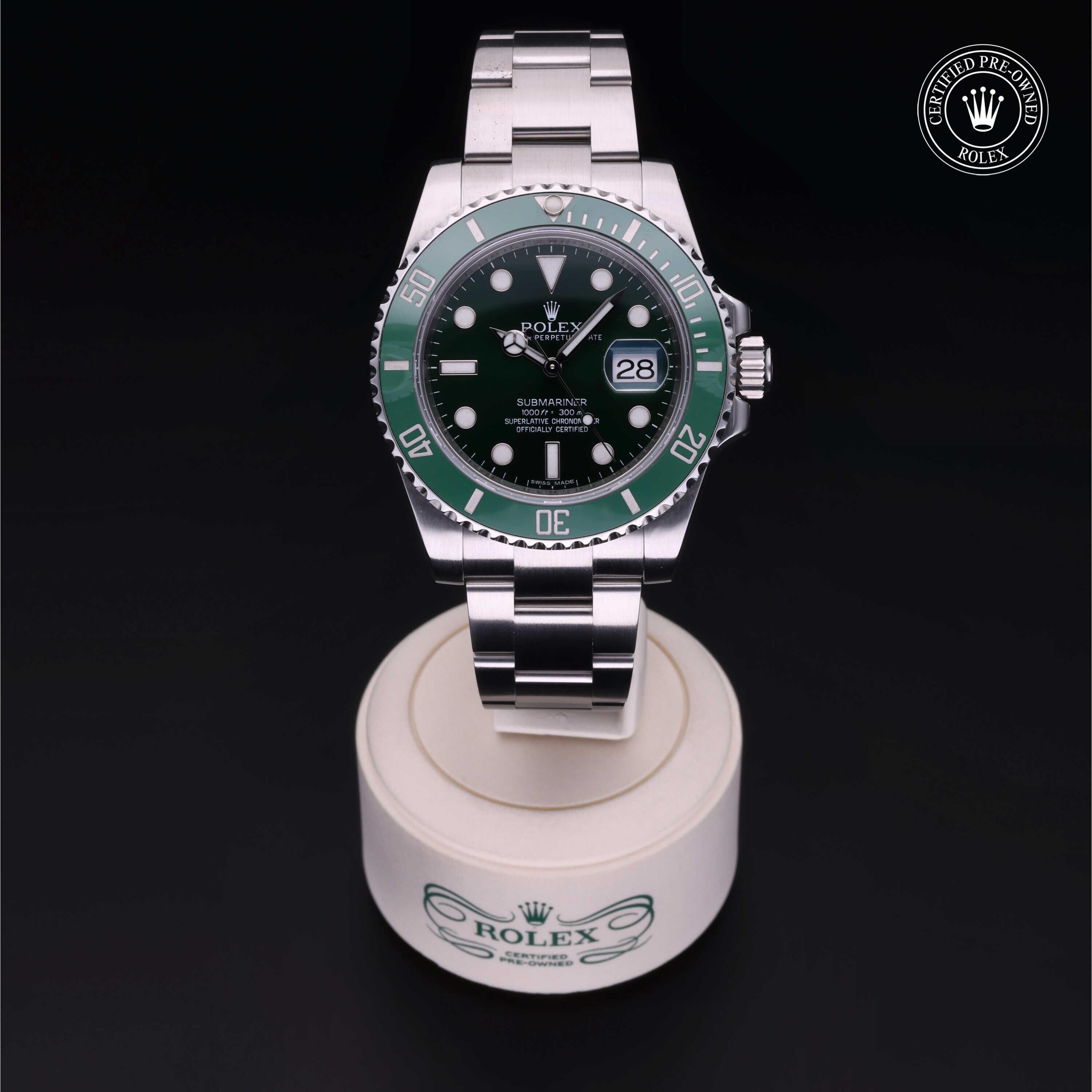 Rolex Certified Pre-owned Submariner M116610LV-0002 front on black background