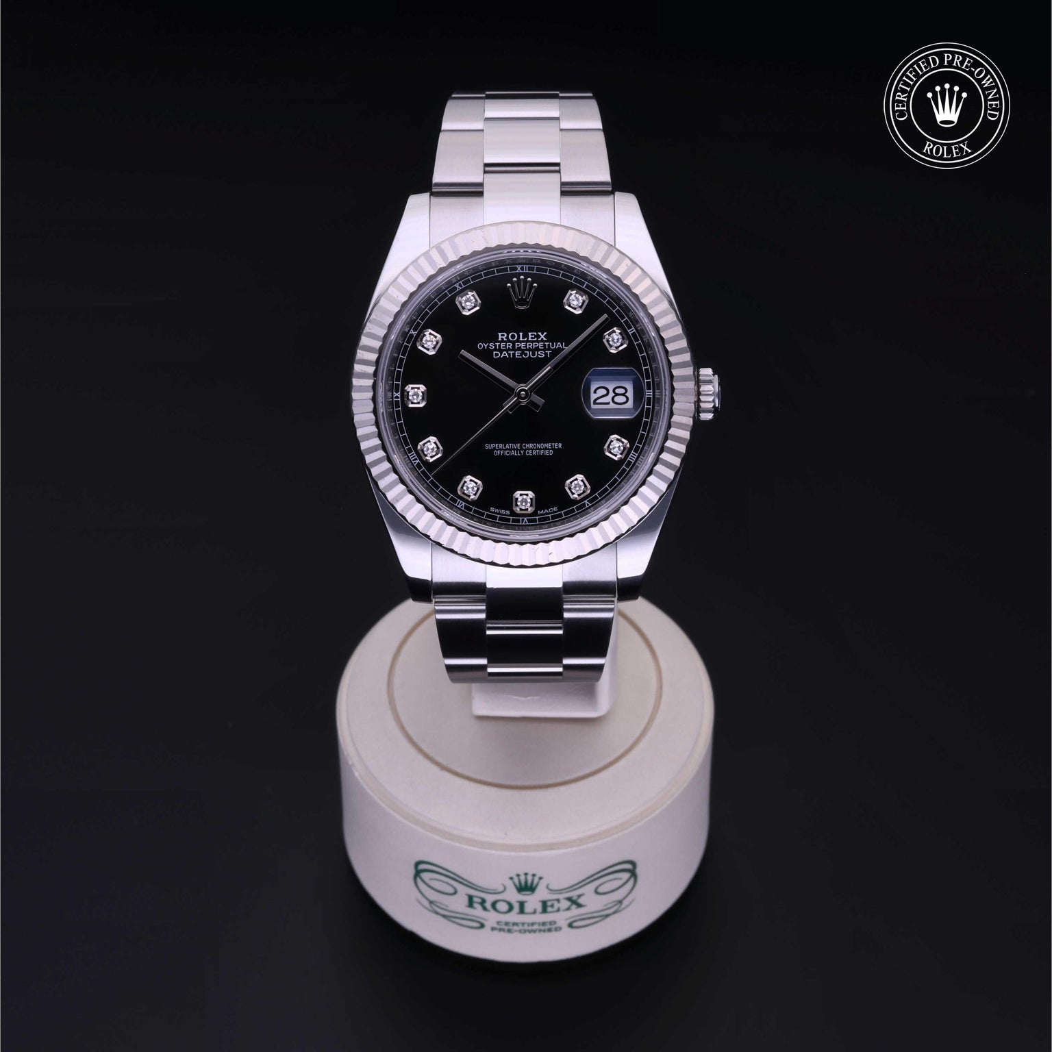 Rolex Certified Pre-owned Datejust M126334-0011 front on black background