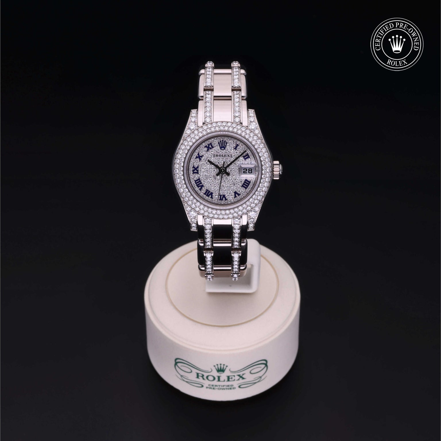 Rolex Certified Pre-owned Pearlmaster M80359-0029 front on black background