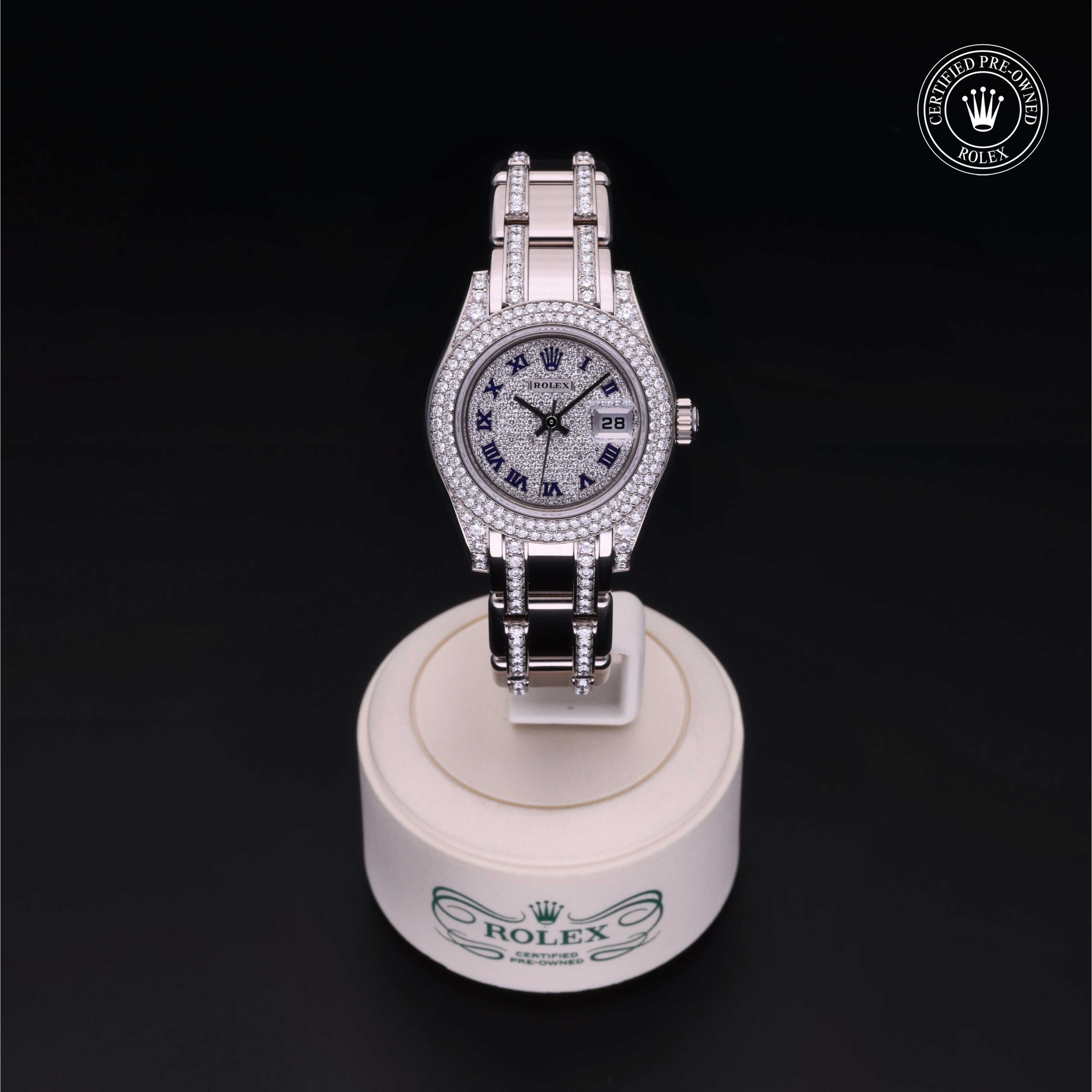 Rolex Certified Pre-owned Pearlmaster M80359-0029 front on black background