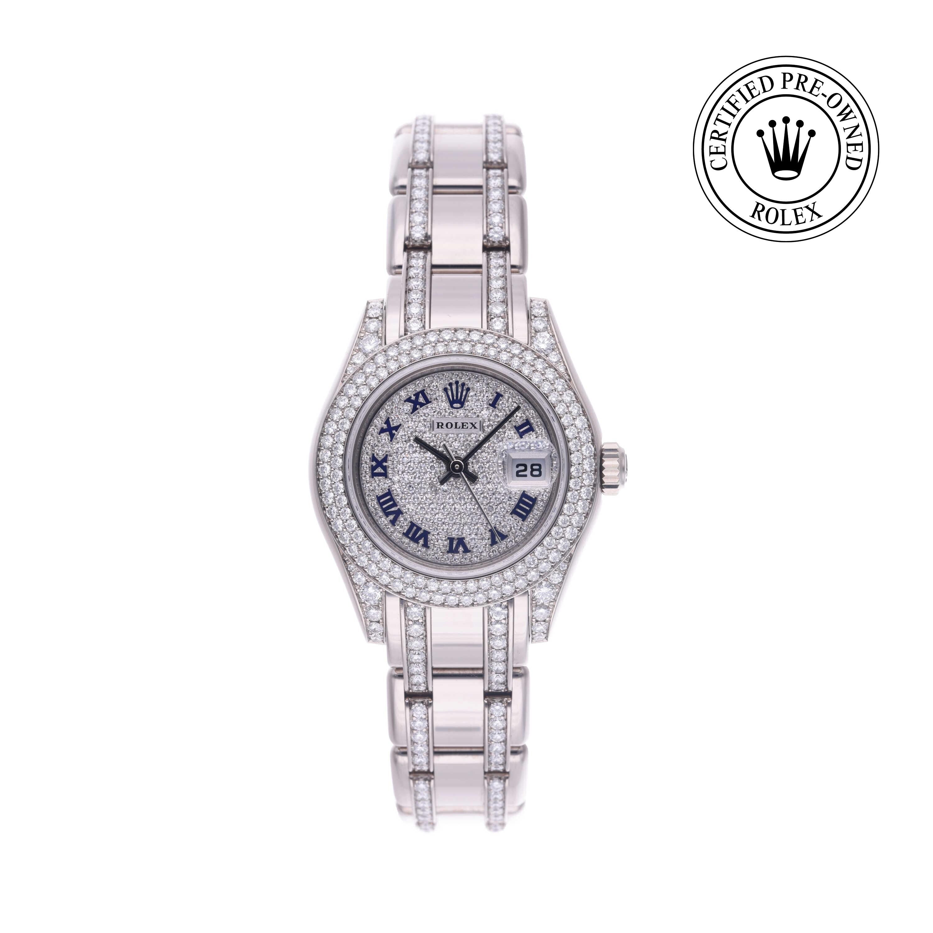 Rolex Certified Pre-owned Pearlmaster M80359-0029 front on white background