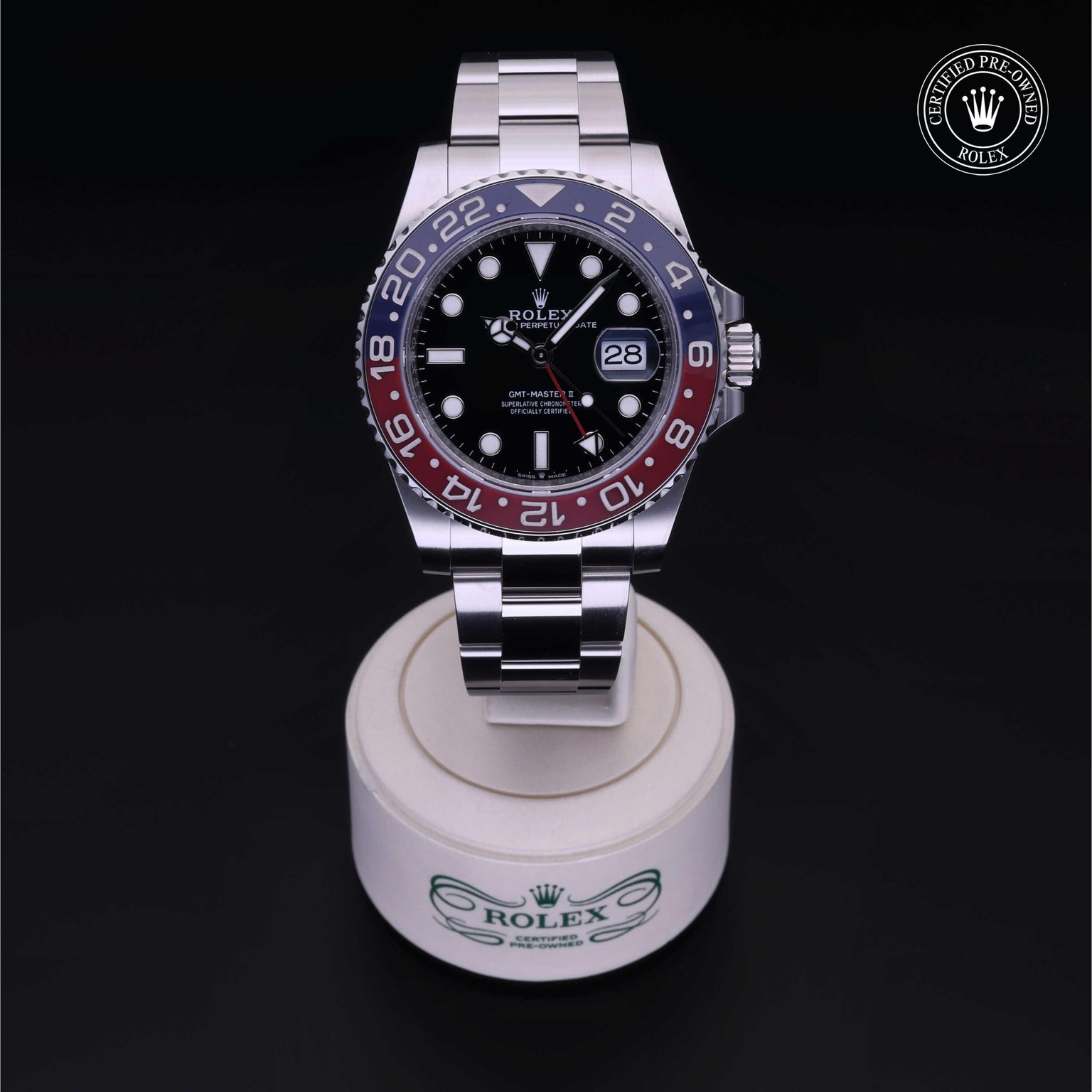 Rolex Certified Pre-owned GMT II M126710BLRO-0002 front on black background