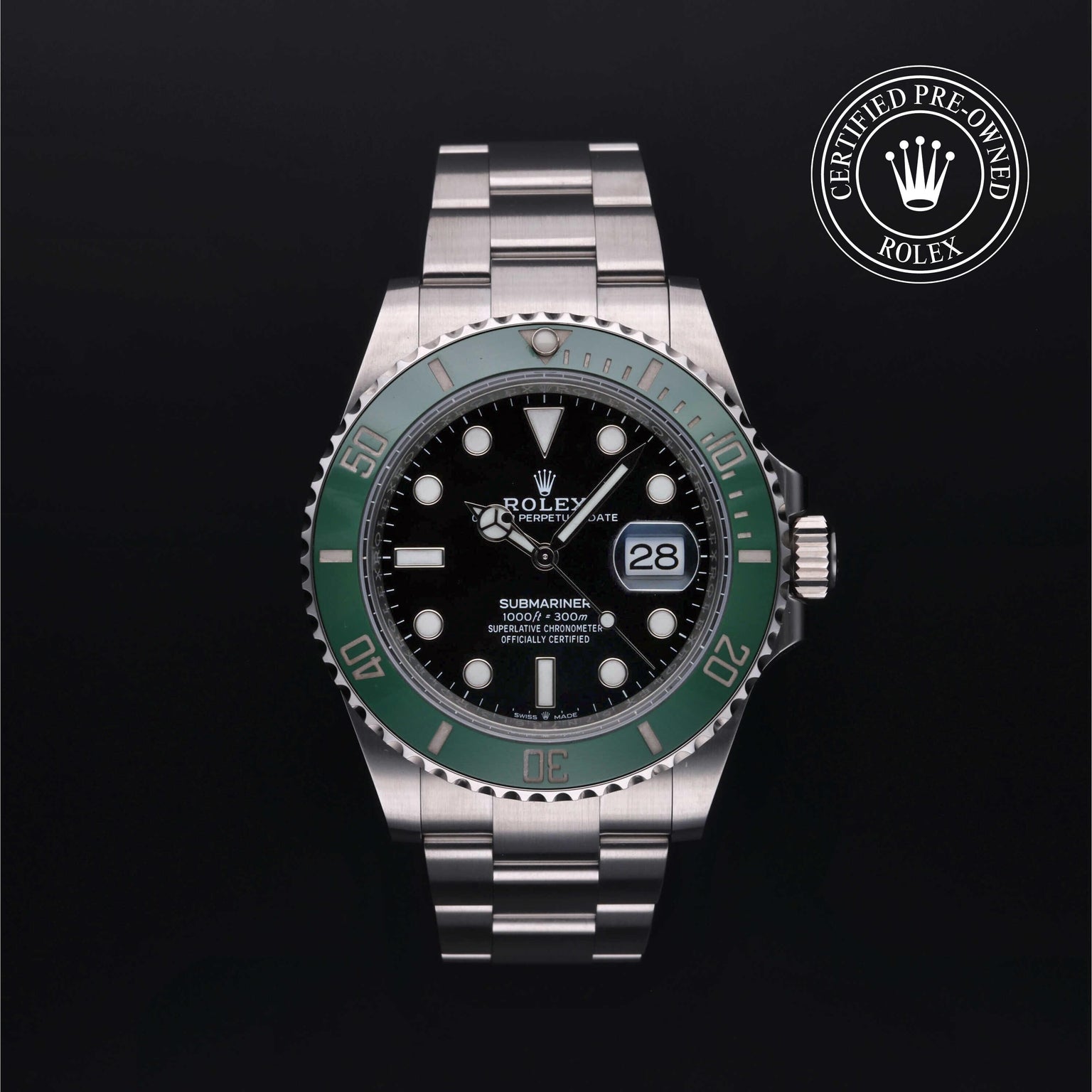 Rolex Certified Pre-owned Submariner Date M126610LV-0002 front on black background