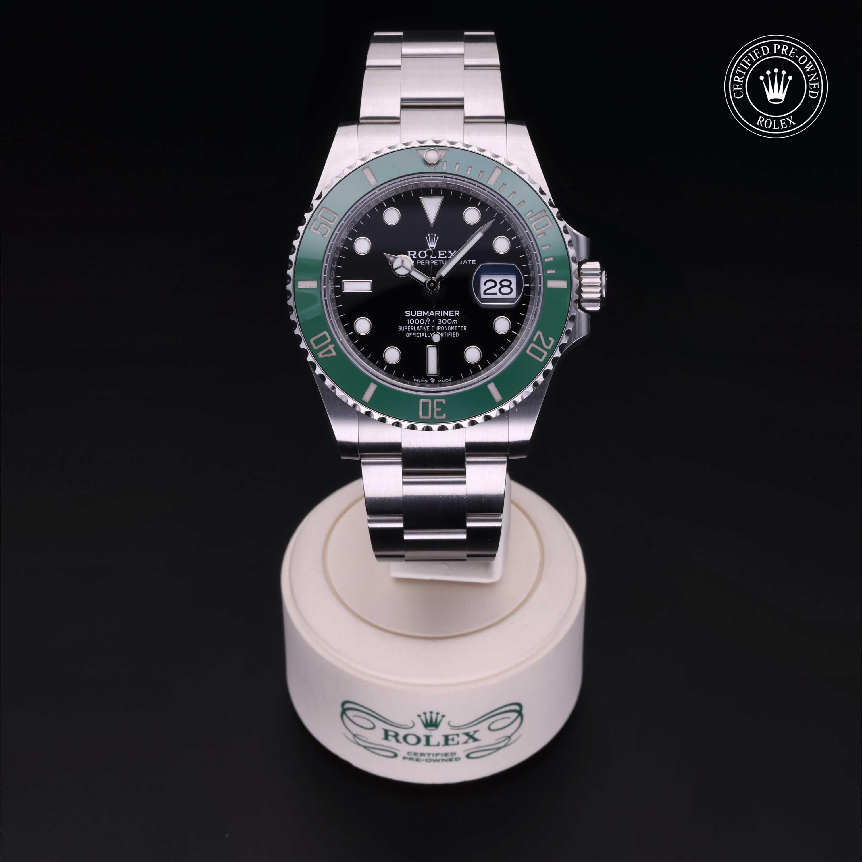 Rolex Certified Pre-owned Submariner Date M126610LV-0002 front on black background