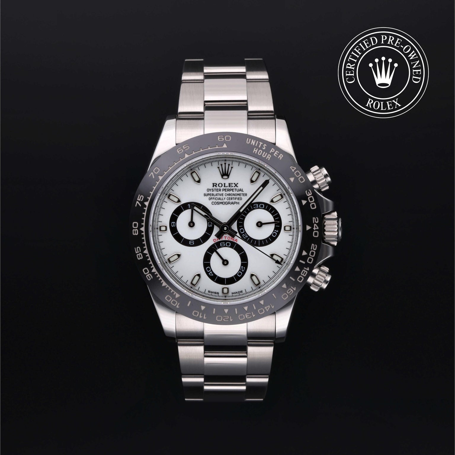Rolex Certified Pre-owned Daytona M116500LN-0001 front on black background