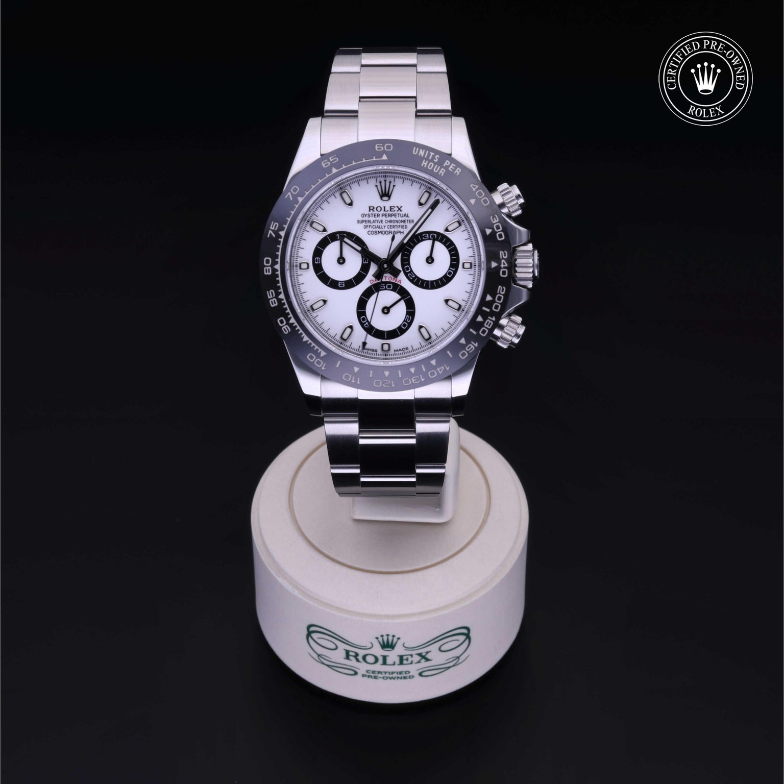 Rolex Certified Pre-owned Daytona M116500LN-0001 front on black background