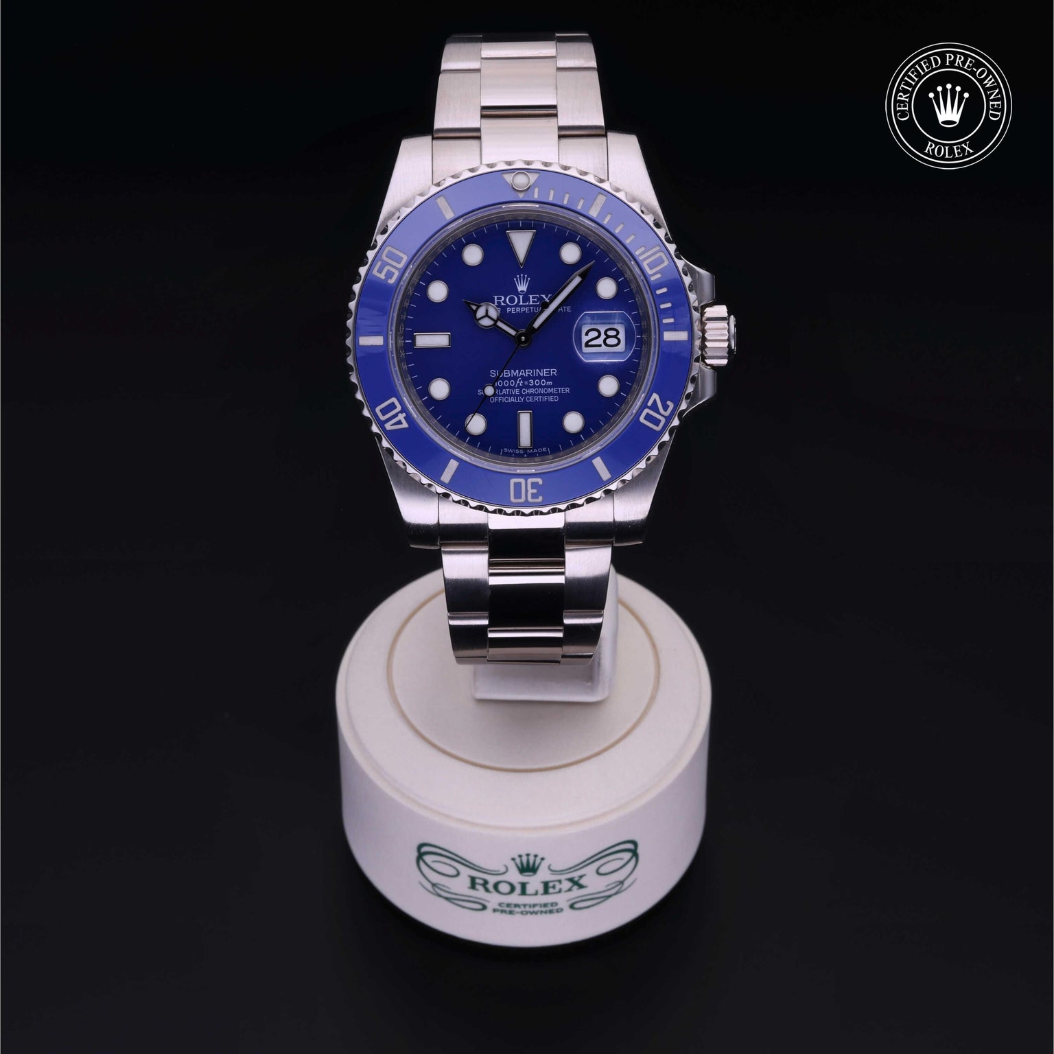 Rolex Certified Pre-owned Submariner M116619LB-0001 front on black background