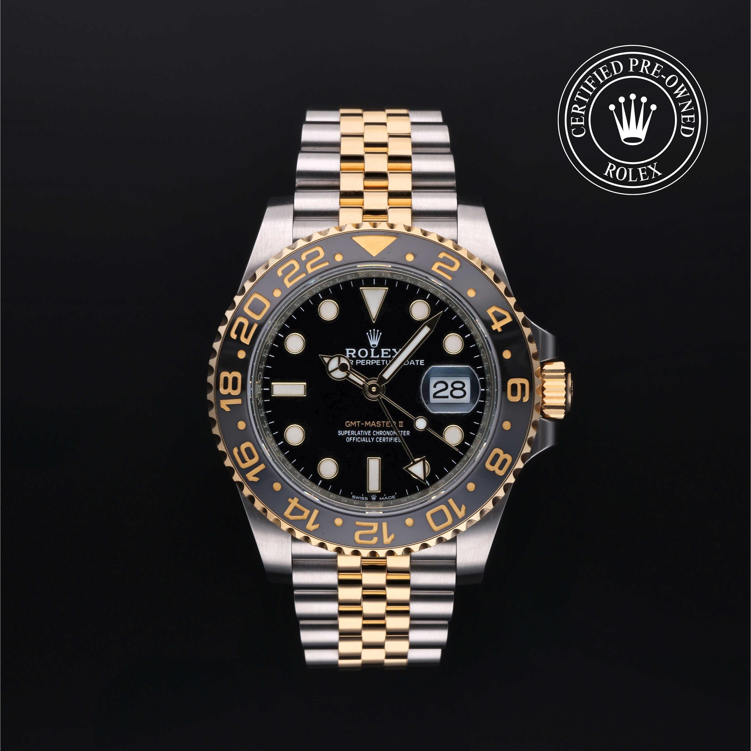 Rolex Certified Pre-owned GMT M126713GRNR-0001 front on black background