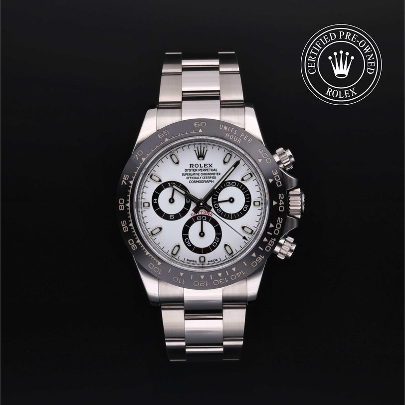 Rolex Certified Pre-owned Daytona M116500LN-0001 front on black background