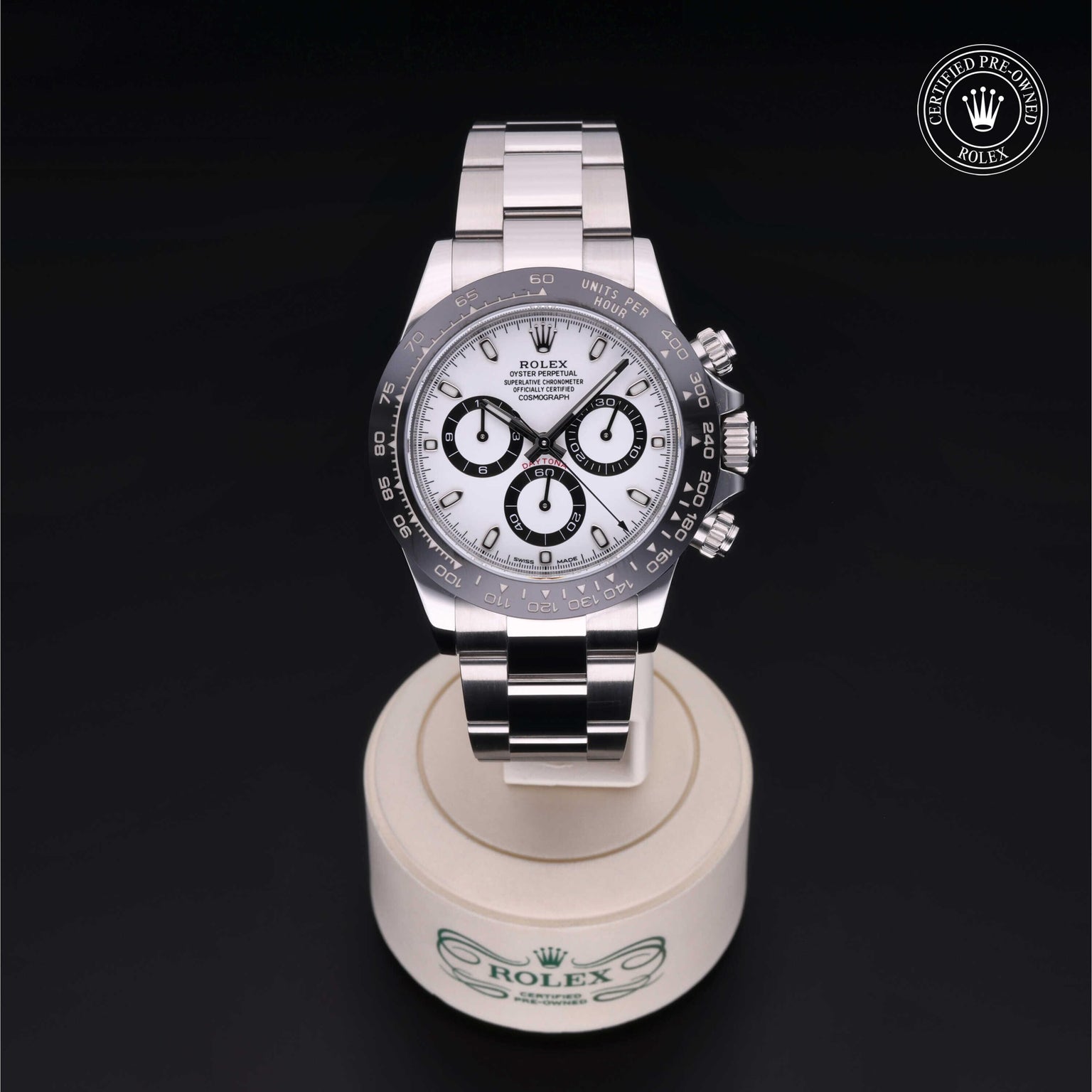 Rolex Certified Pre-owned Daytona M116500LN-0001 front on black background