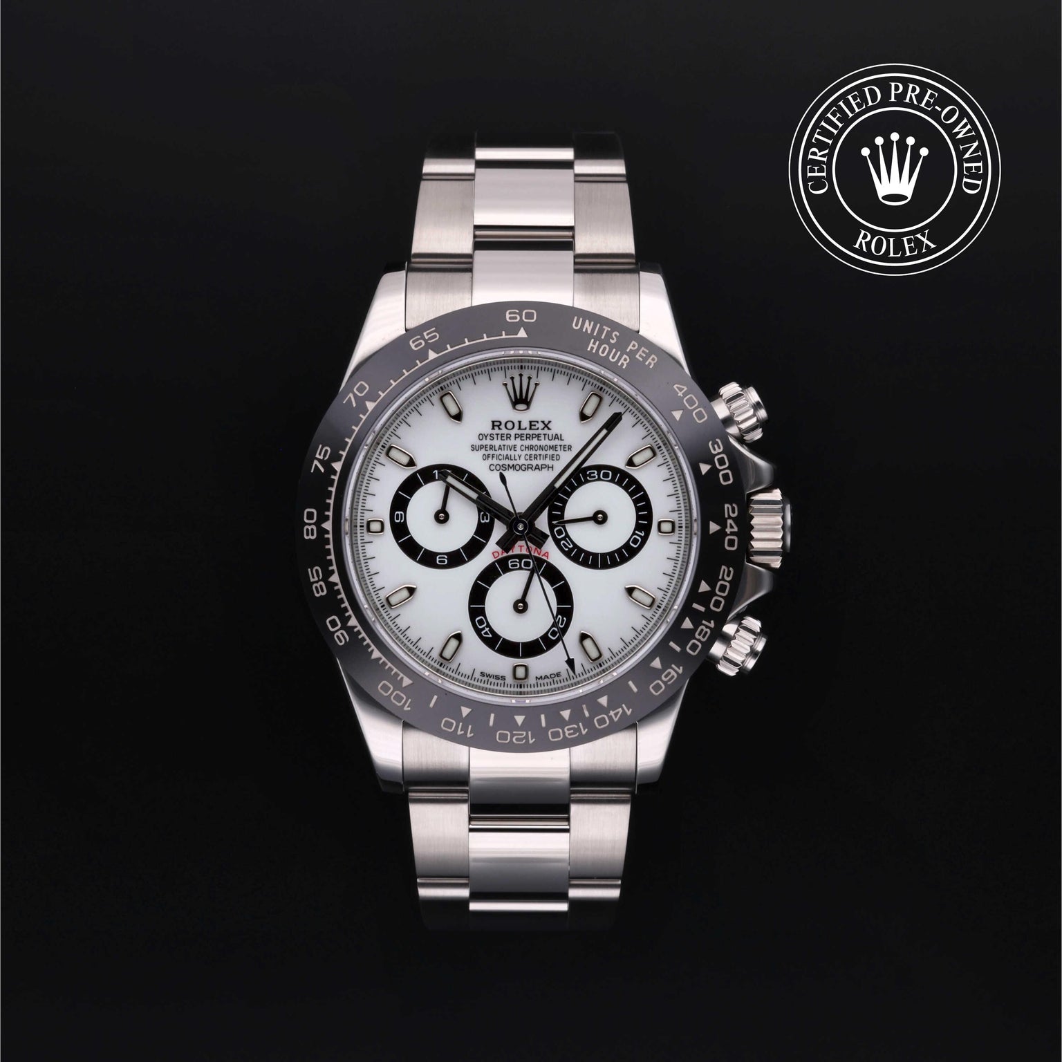Rolex Certified Pre-owned Daytona M116500LN-0001 front on black background