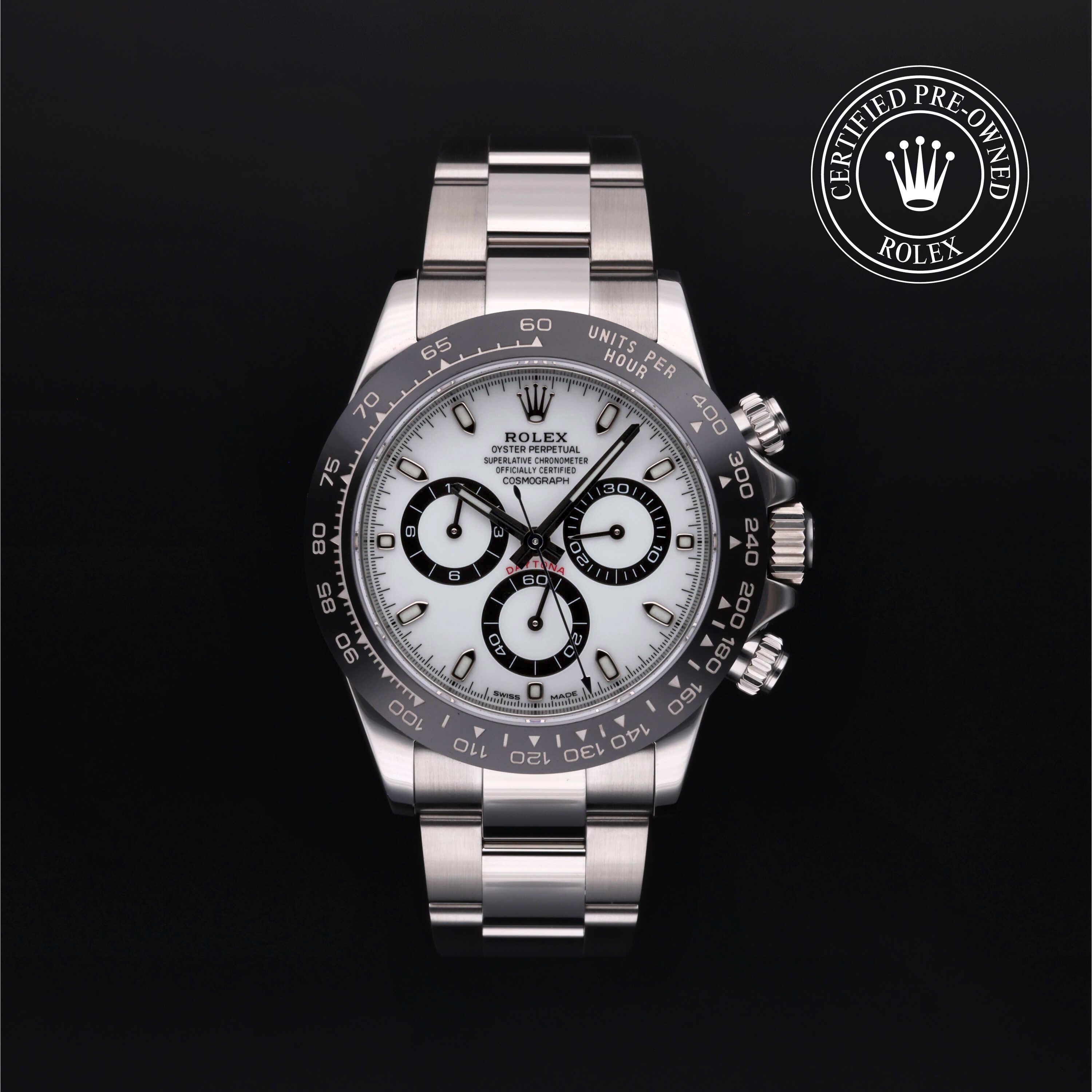 Rolex Certified Pre-owned Daytona M116500LN-0001 front on black background