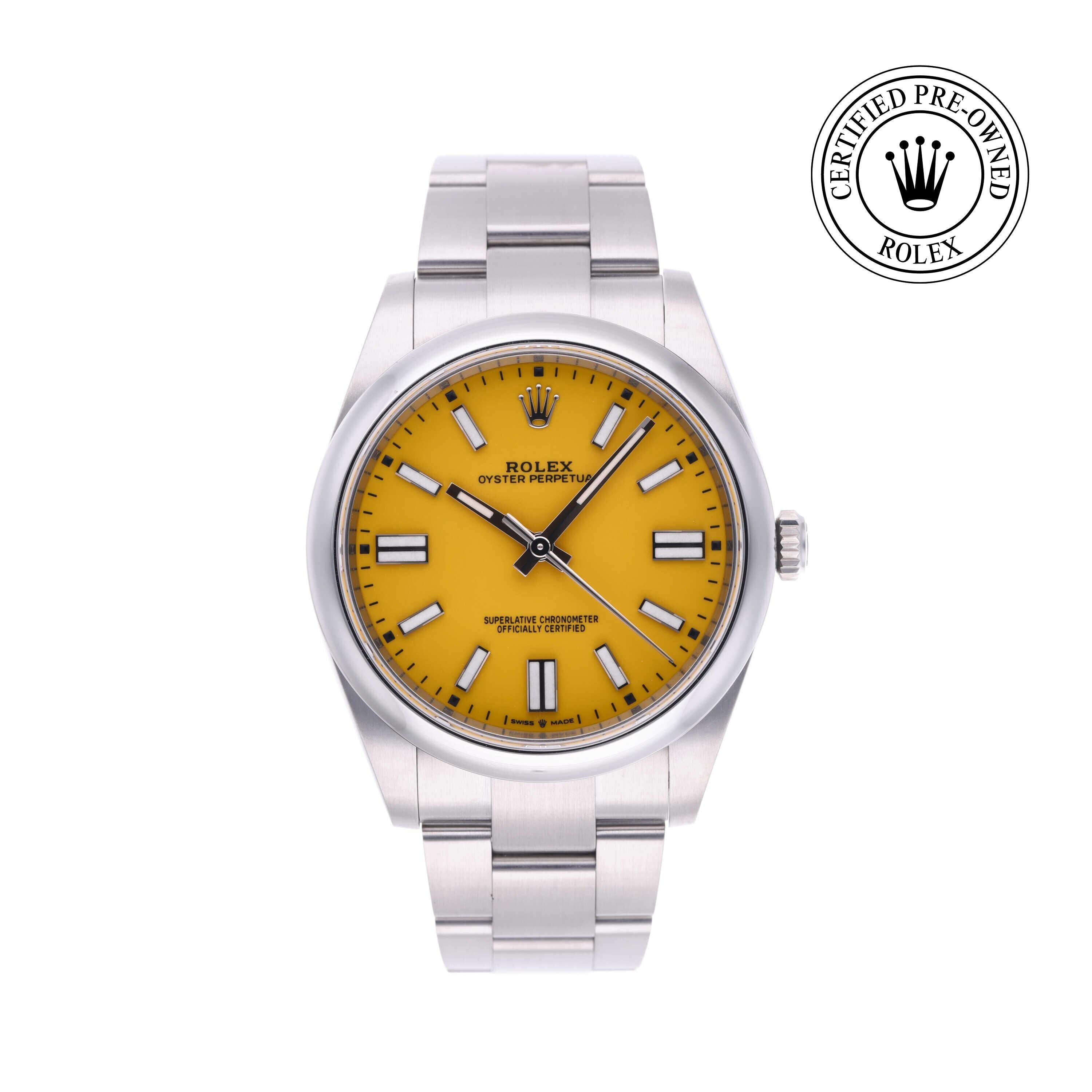 Rolex Certified Pre-owned Oyster Perpetual M124300-0004 front on white background