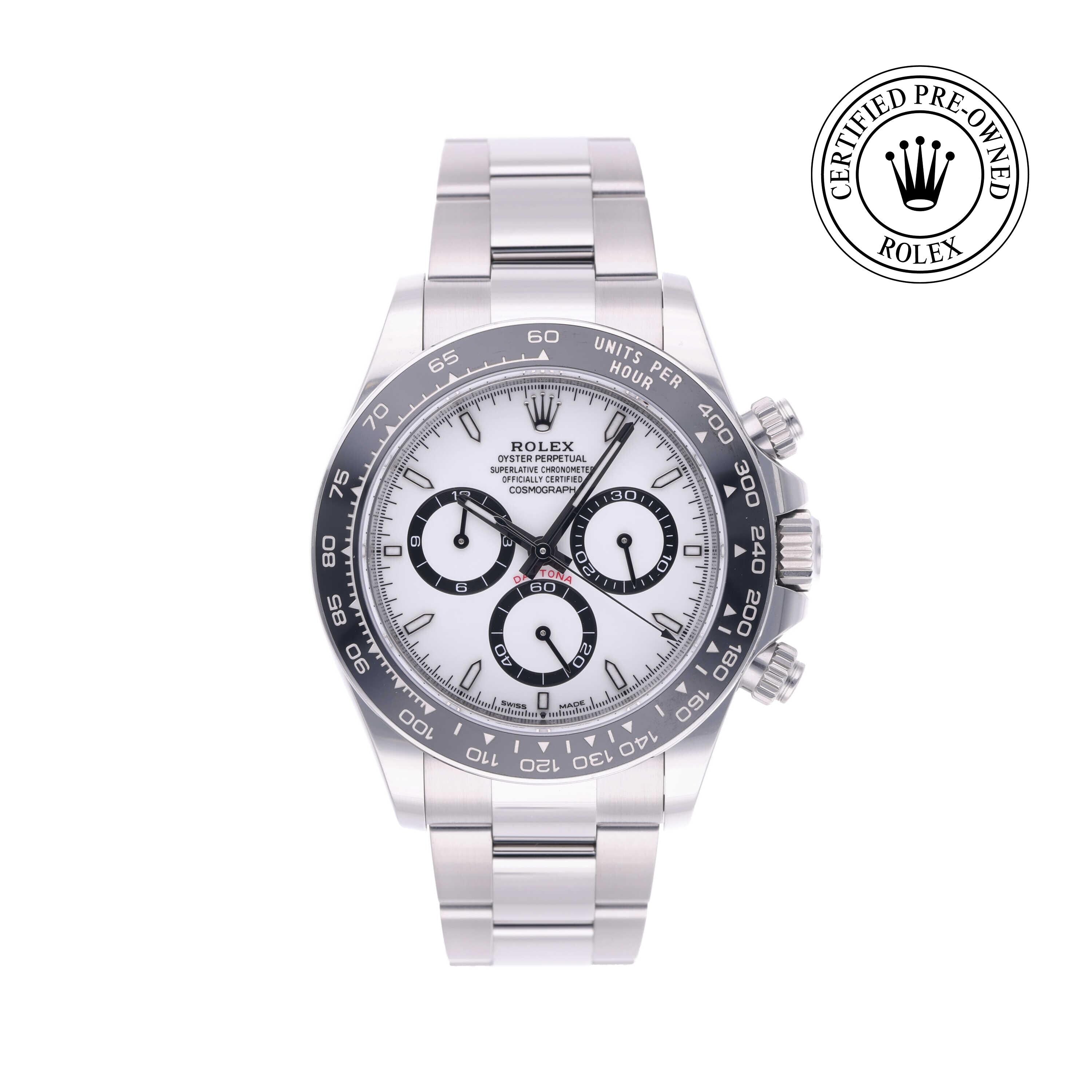 Rolex Certified Pre-owned Daytona M126500LN-0001 front on white background
