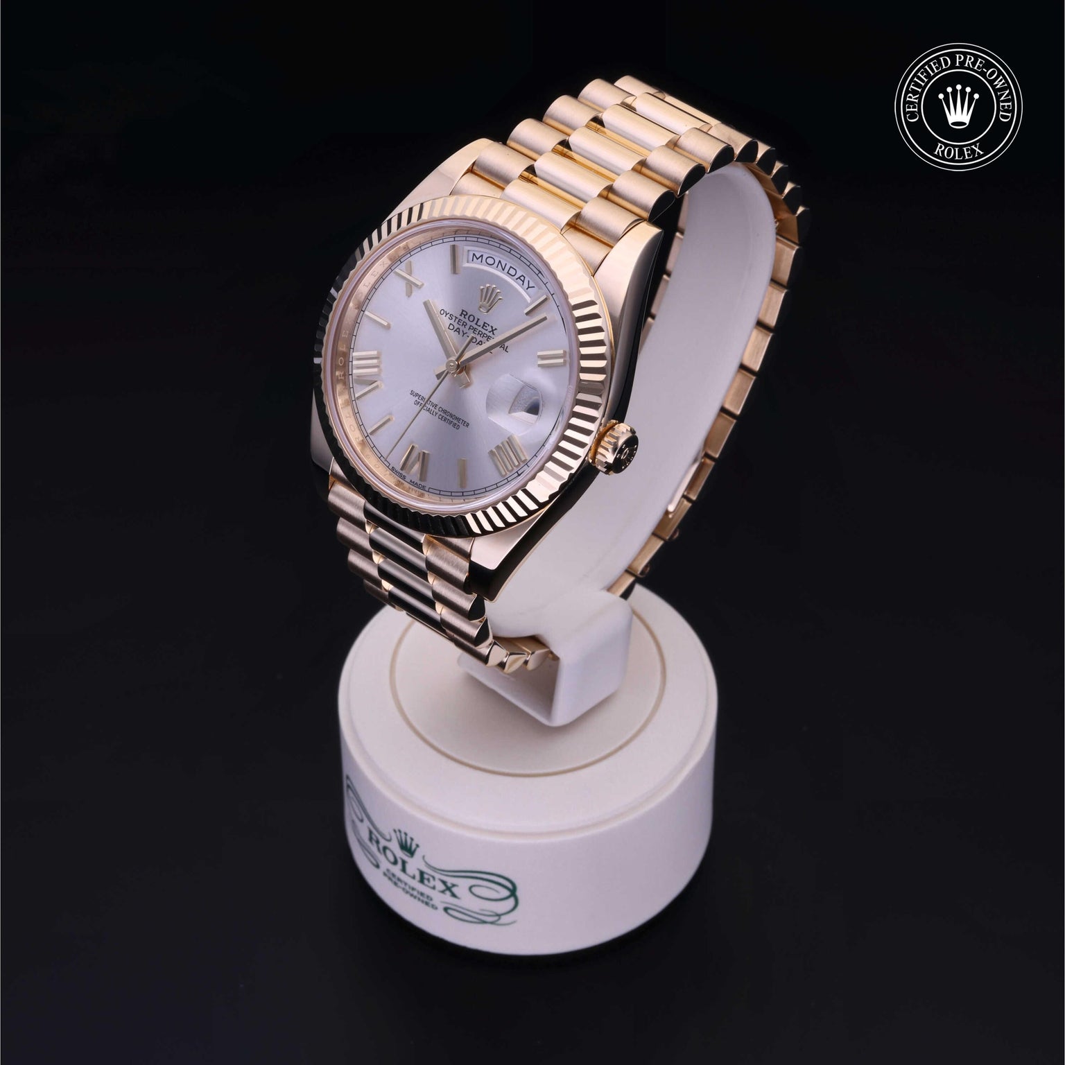 Rolex Certified Pre-owned Day-date M228238-0002 front on black background