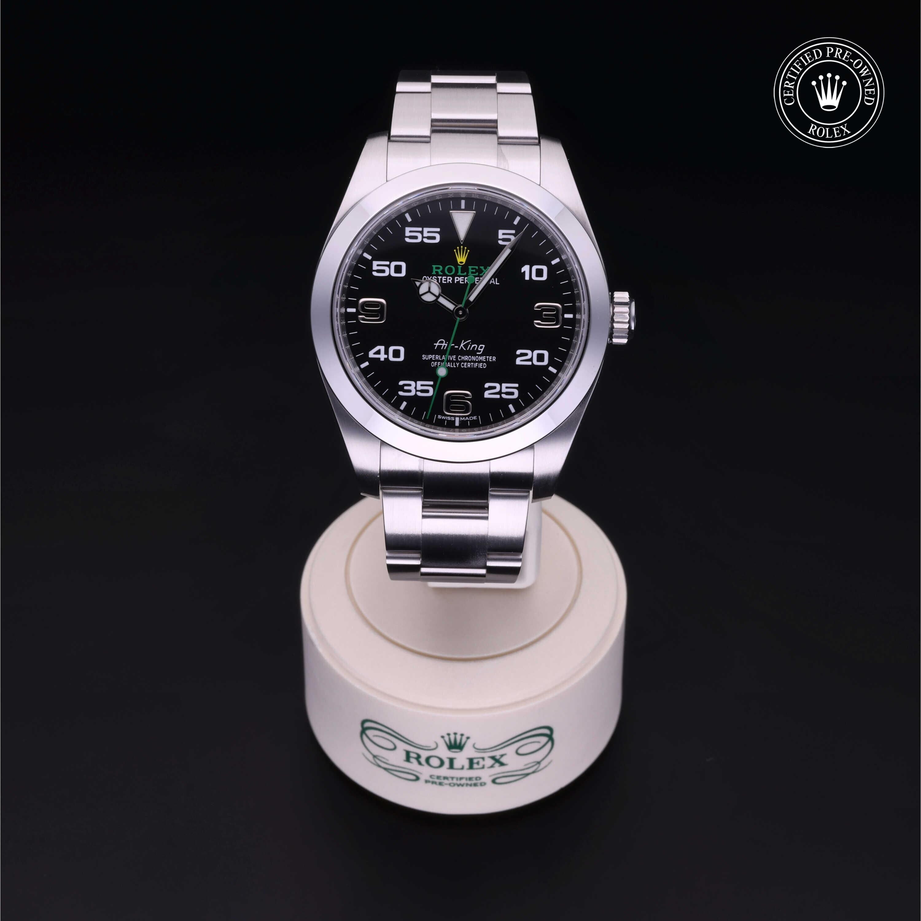 Rolex Certified Pre-owned Air-King M116900-0001 front on black background