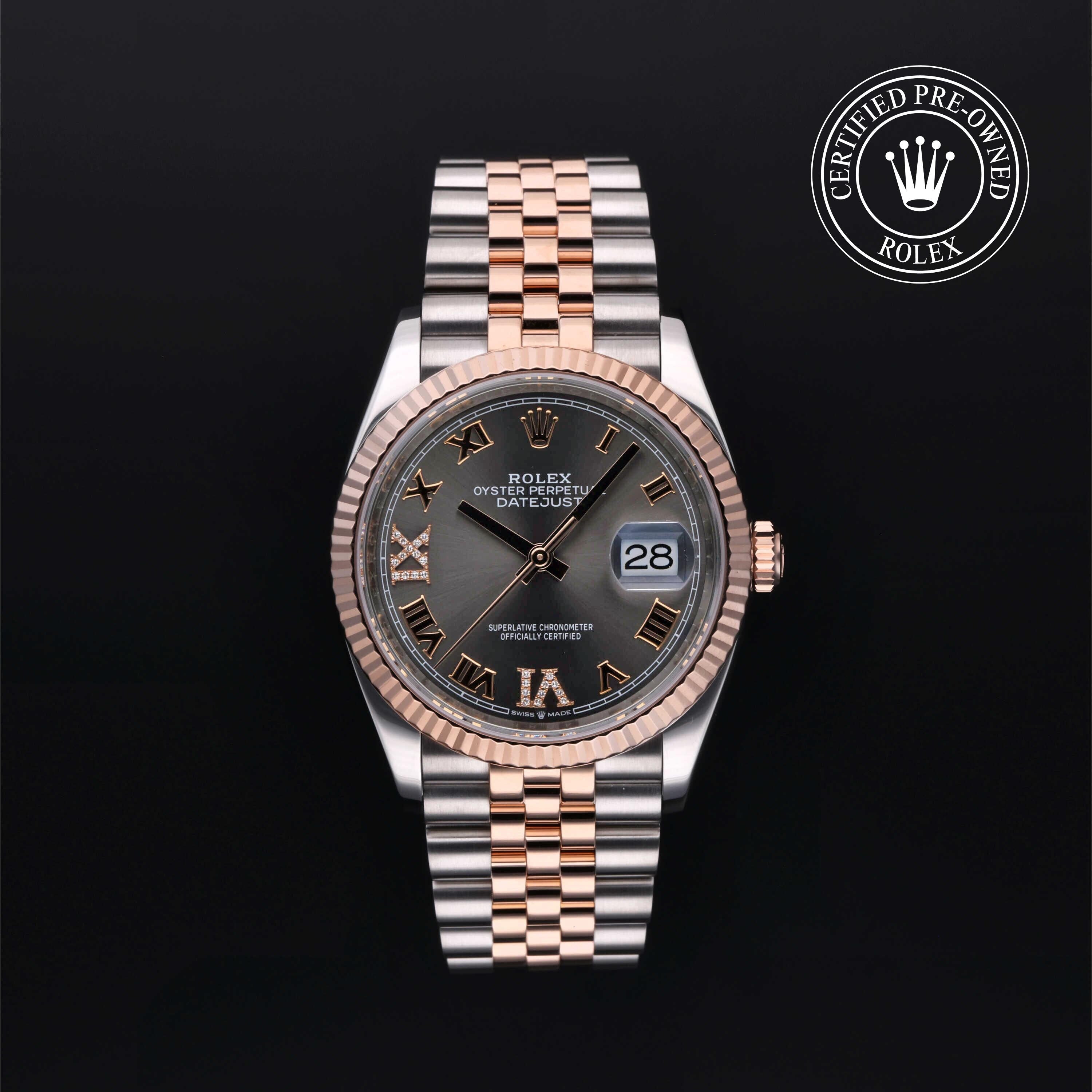 Rolex Certified Pre-owned Datejust M126231-0023 front on black background