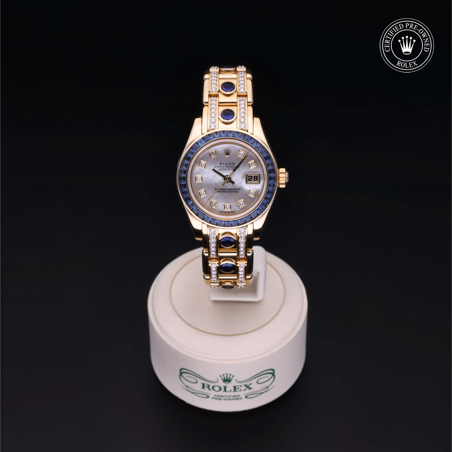 Rolex Certified Pre-owned Pearlmaster M80308SA-0003 front on black background