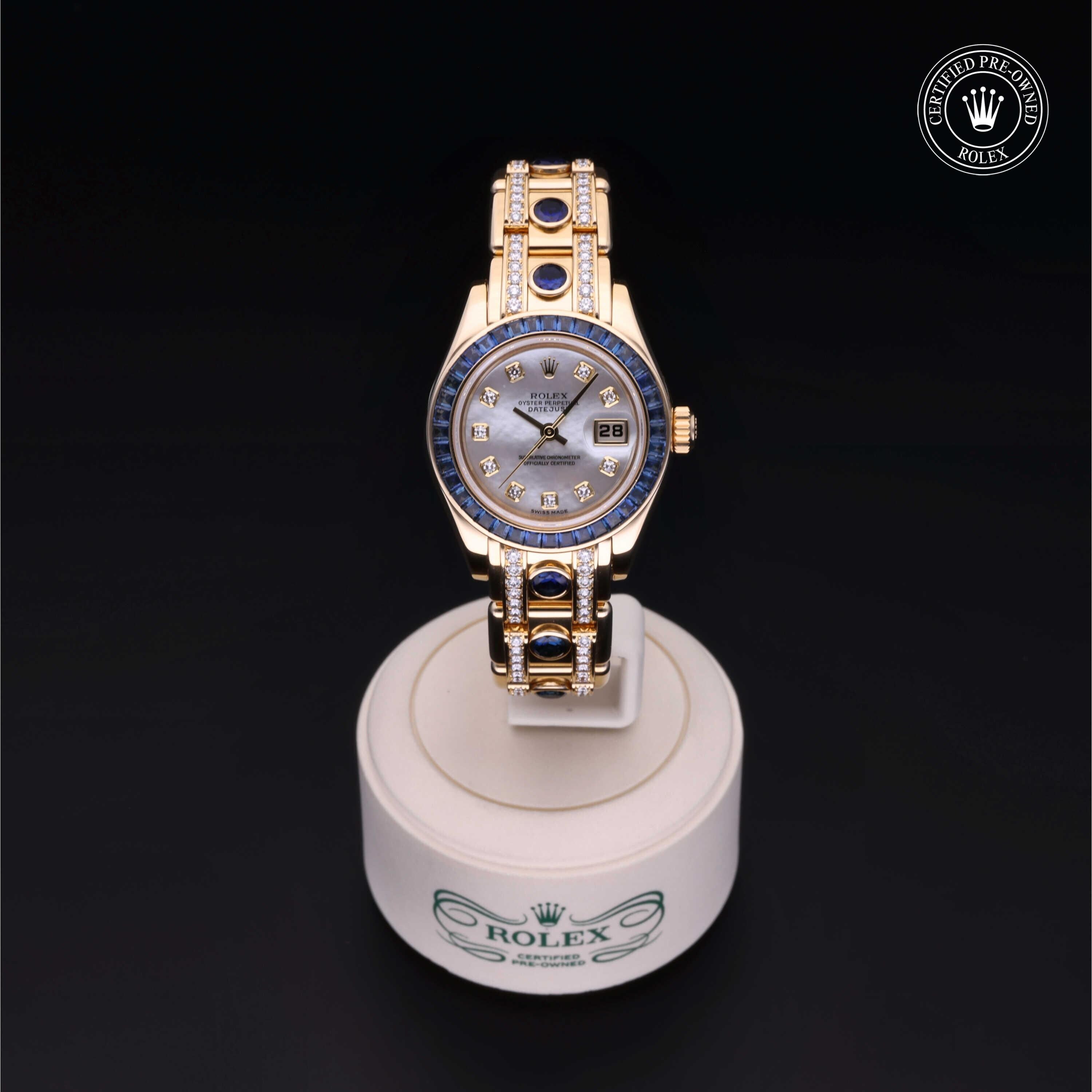 Rolex Certified Pre-owned Pearlmaster M80308SA-0003 front on black background