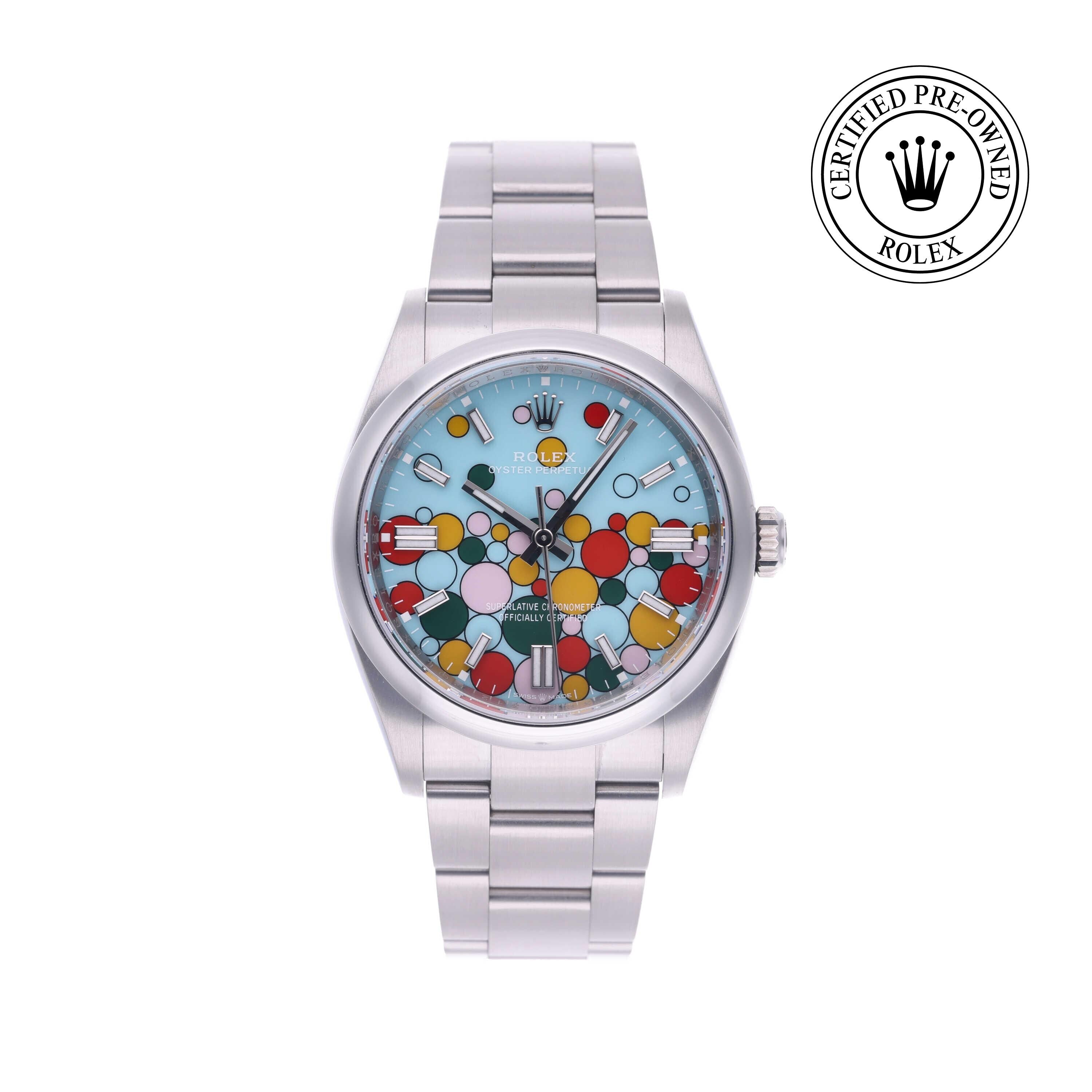 Rolex Certified Pre-owned Oyster Perpetual M126000-0002 front on white background