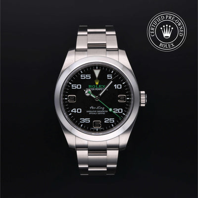 Rolex Certified Pre-owned Air-King M116900-0001 front on black background